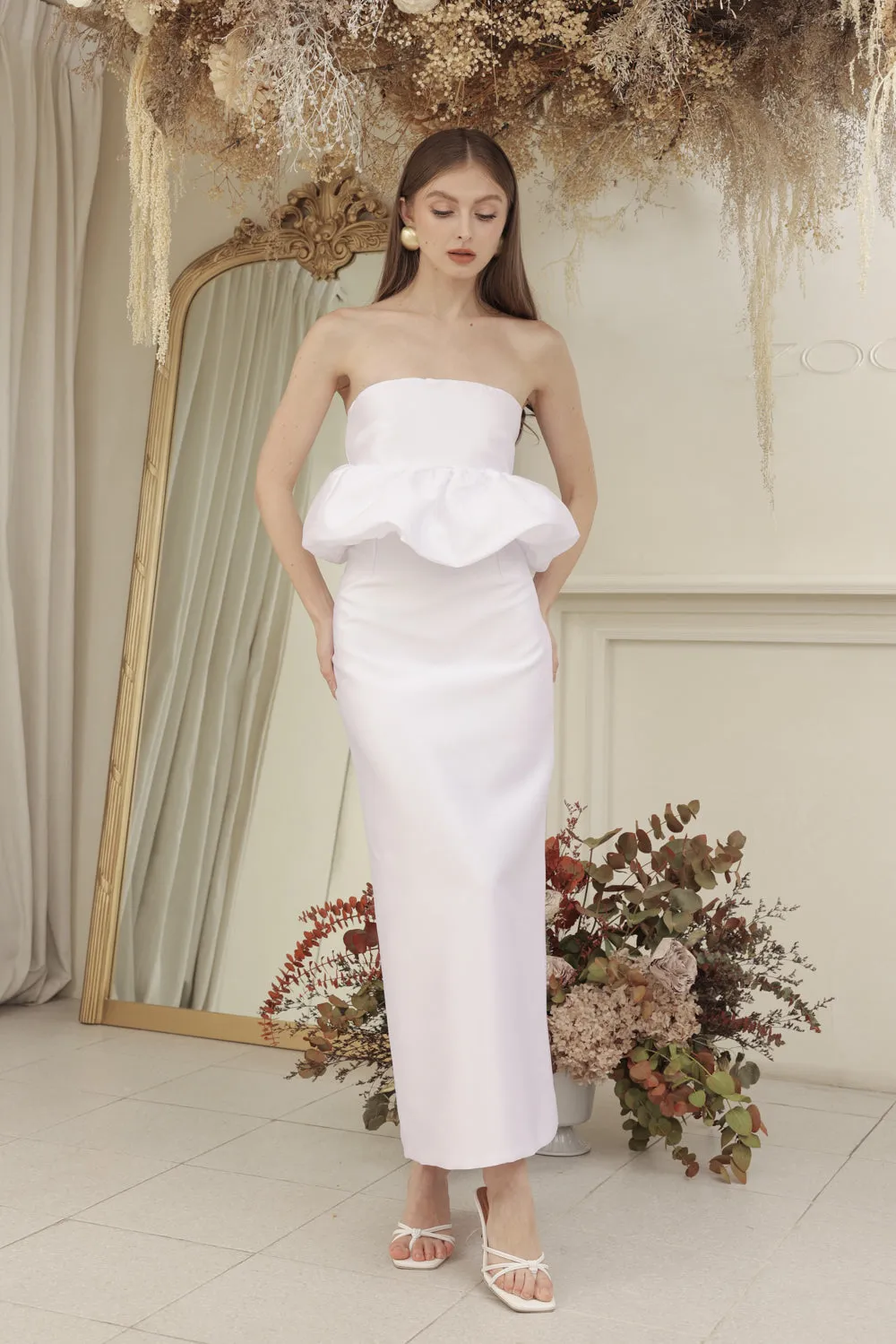 EMBER DRESS Strapless Peplum Top and Pencil  (White Gazaar)