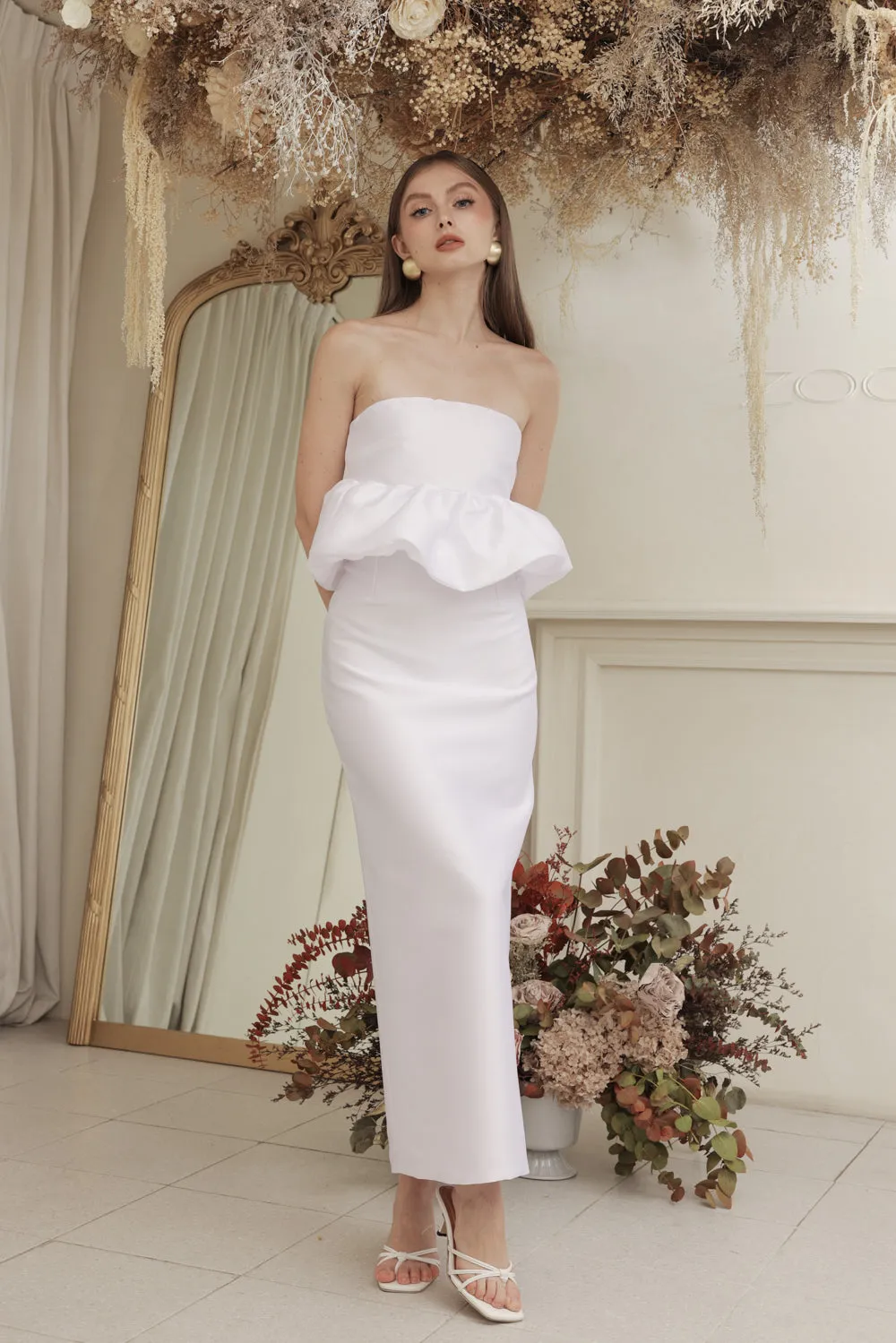 EMBER DRESS Strapless Peplum Top and Pencil  (White Gazaar)