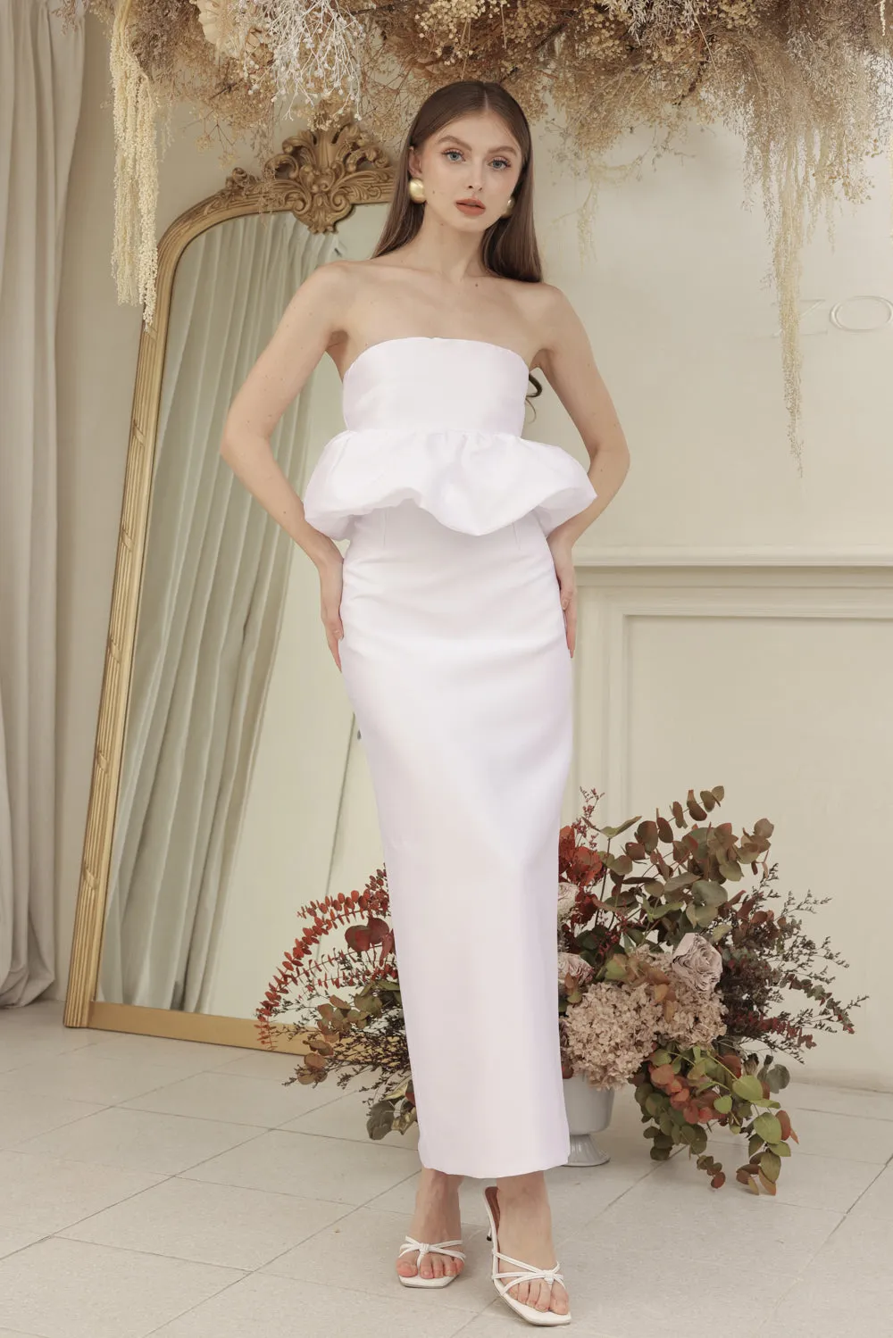 EMBER DRESS Strapless Peplum Top and Pencil  (White Gazaar)