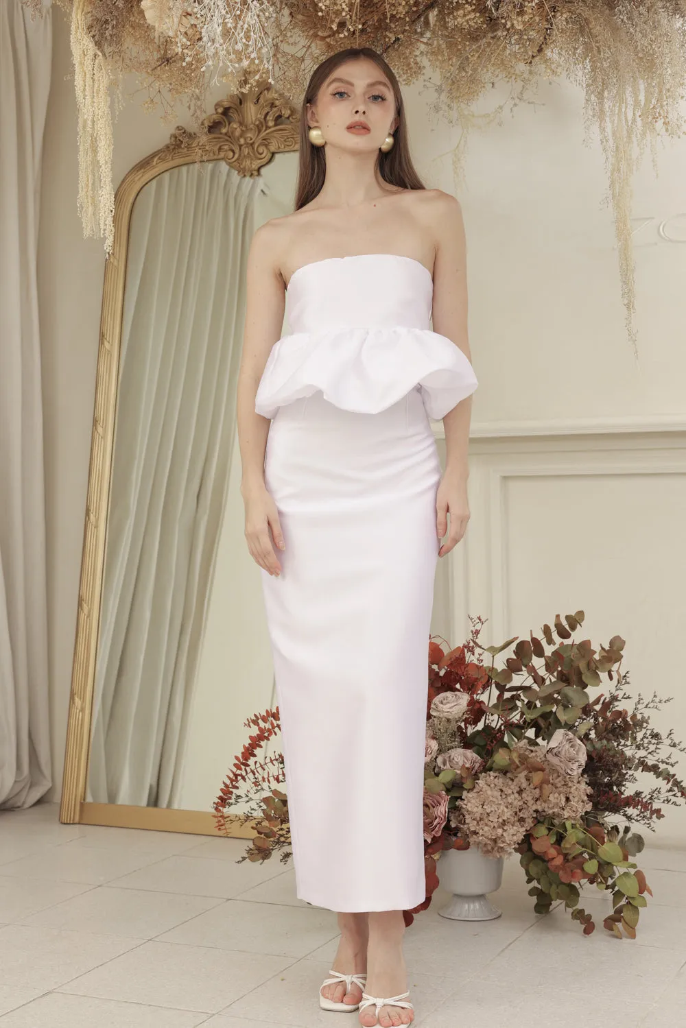 EMBER DRESS Strapless Peplum Top and Pencil  (White Gazaar)