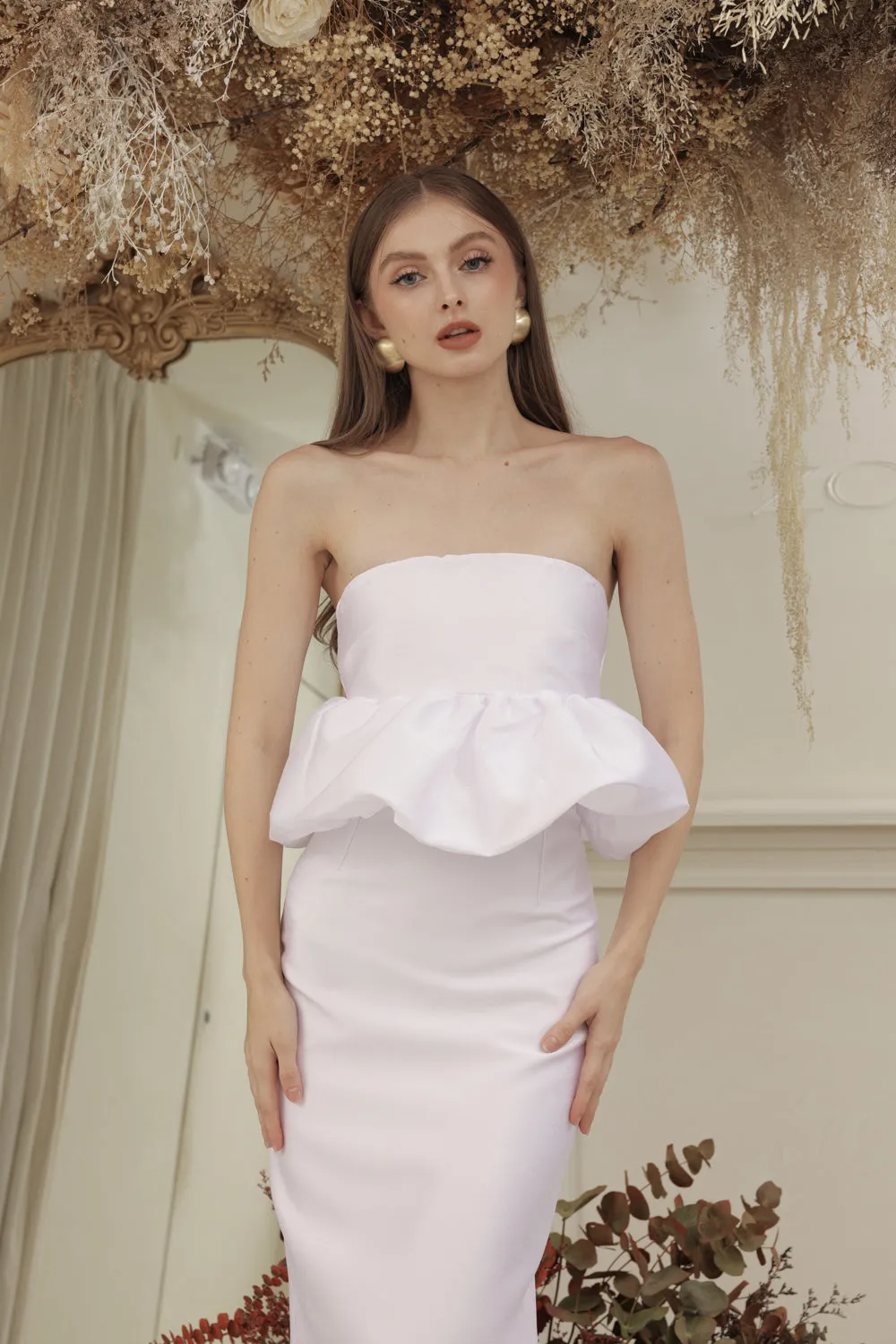 EMBER DRESS Strapless Peplum Top and Pencil  (White Gazaar)