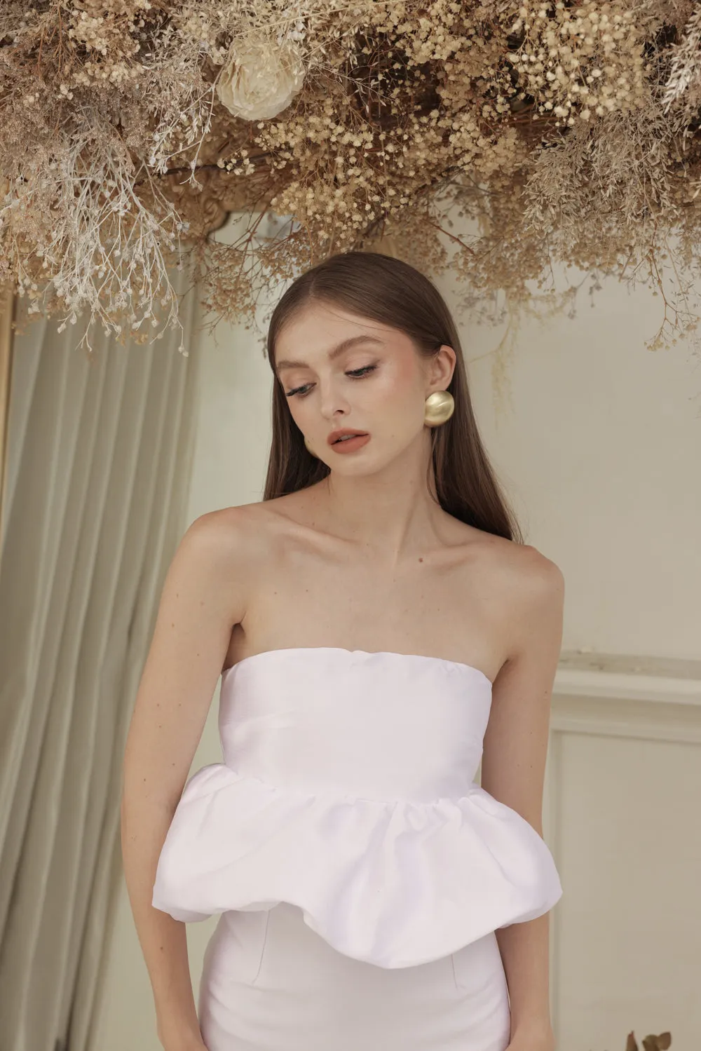 EMBER DRESS Strapless Peplum Top and Pencil  (White Gazaar)