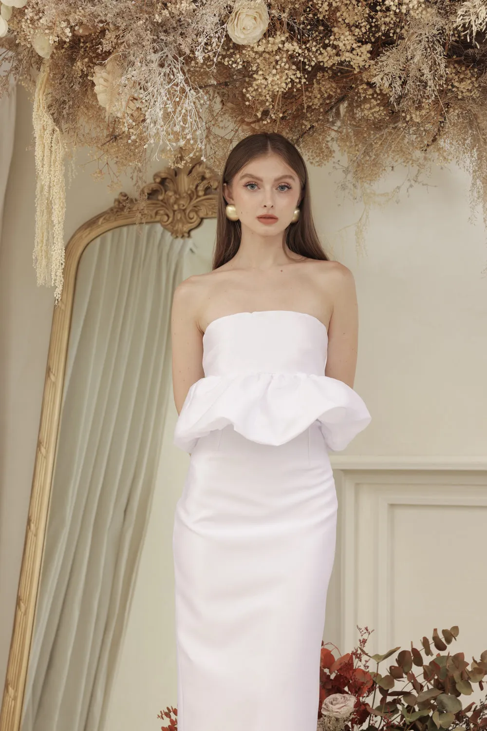 EMBER DRESS Strapless Peplum Top and Pencil  (White Gazaar)
