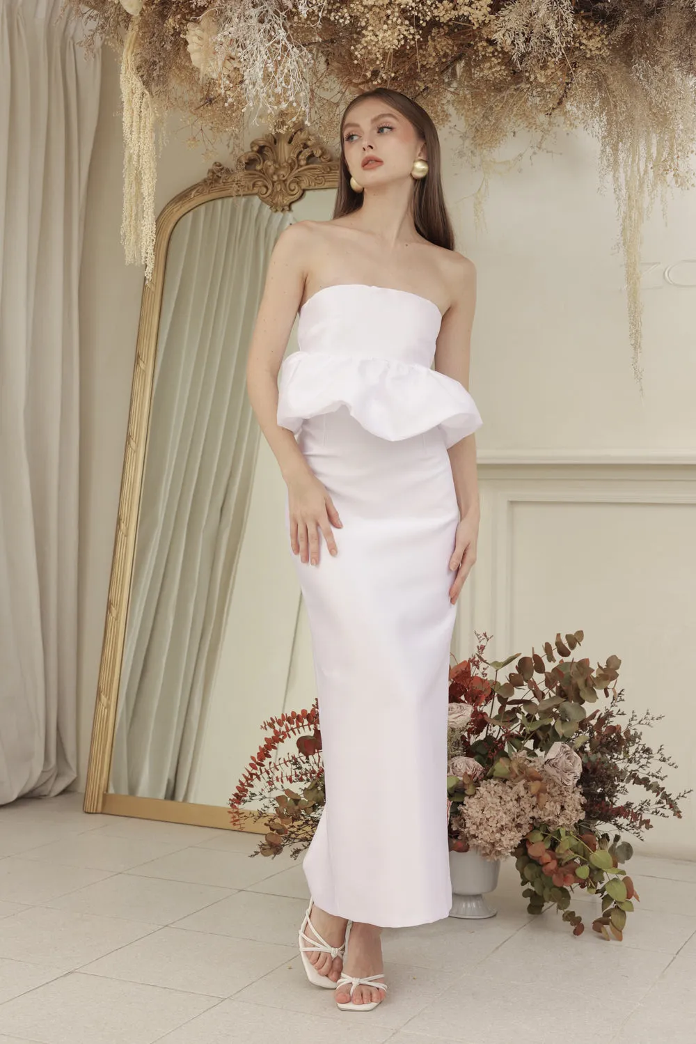 EMBER DRESS Strapless Peplum Top and Pencil  (White Gazaar)