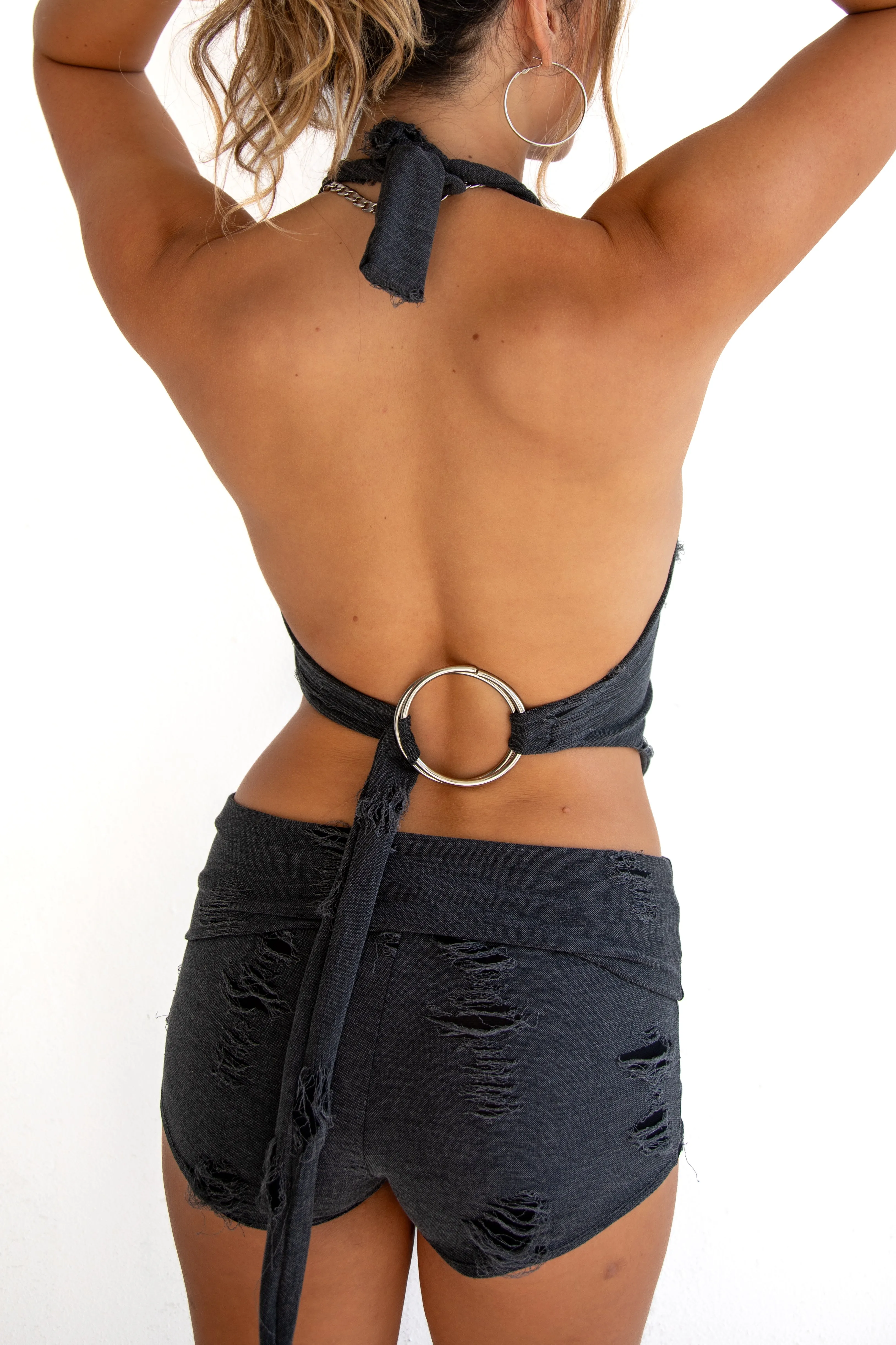Enigma distressed asymmetric halter