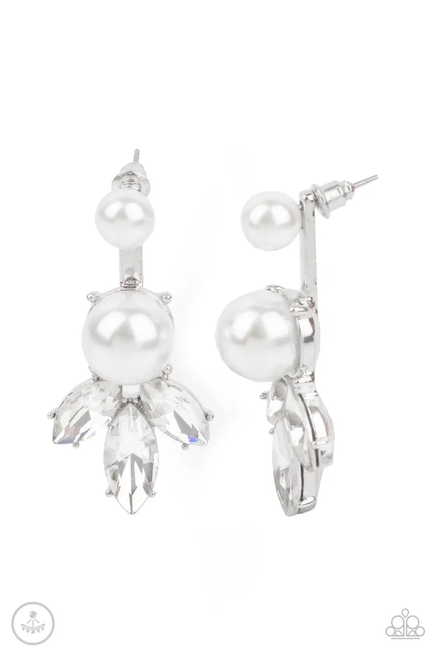 Extra Elite - White - Pearl Solitaire and Rhinestone Paparazzi Ear Jacket Earrings