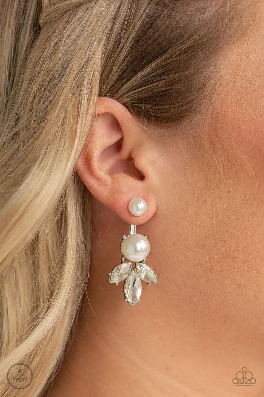 Extra Elite - White - Pearl Solitaire and Rhinestone Paparazzi Ear Jacket Earrings