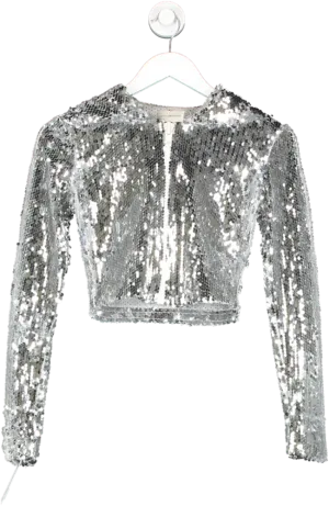 Faith Connexion Metallic Cropped Hooded Silver Sequin Jacket UK S