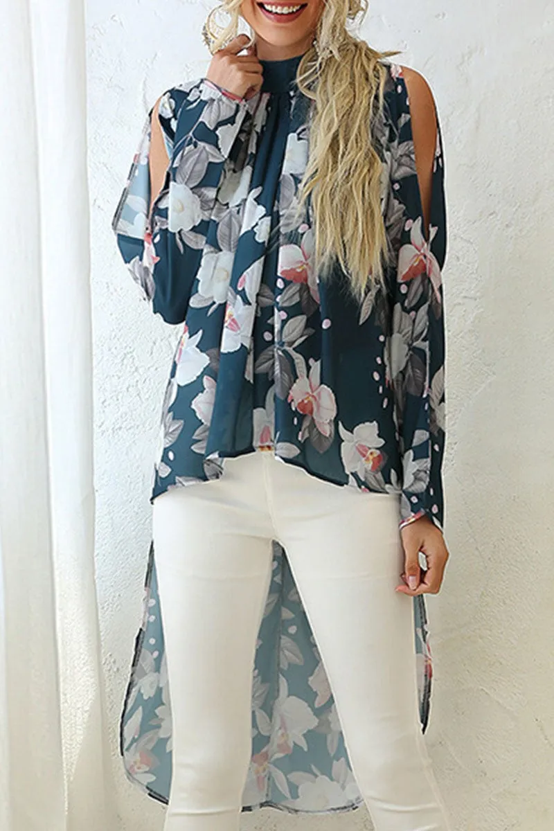 Fashion Street Print Asymmetrical O Neck Tops
