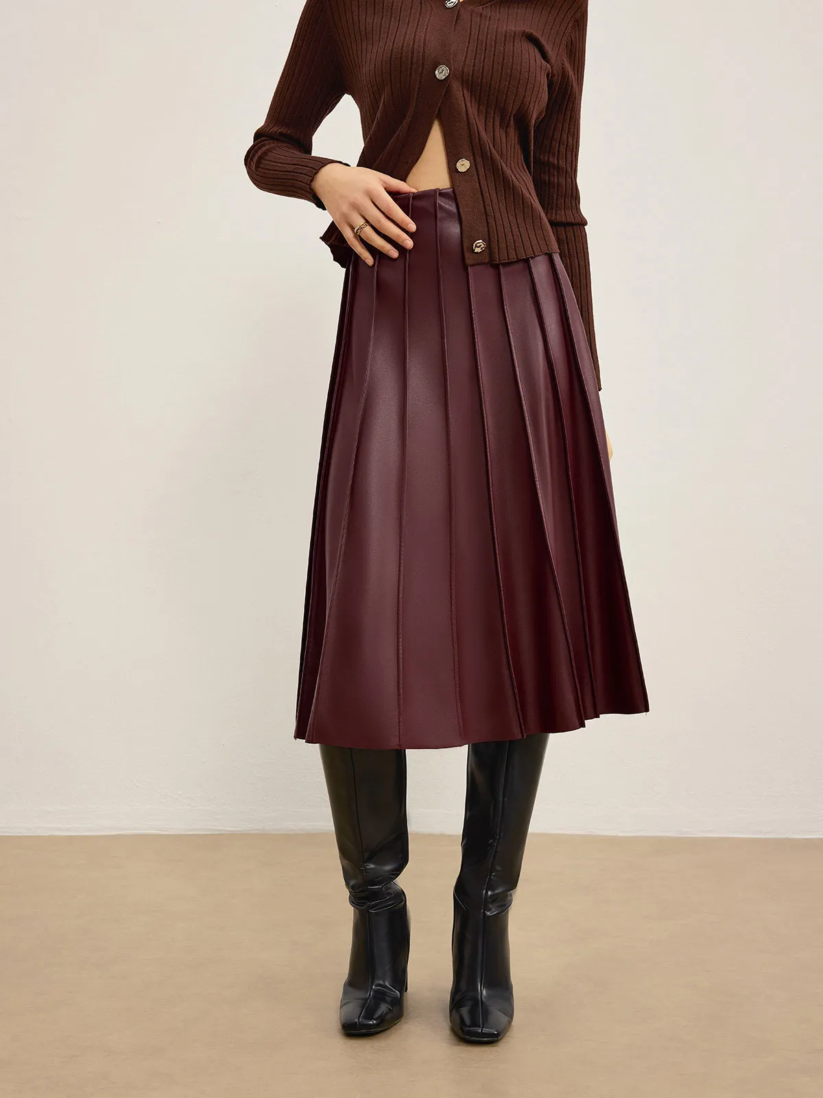 Faux Leather Pleated Midi Skirt