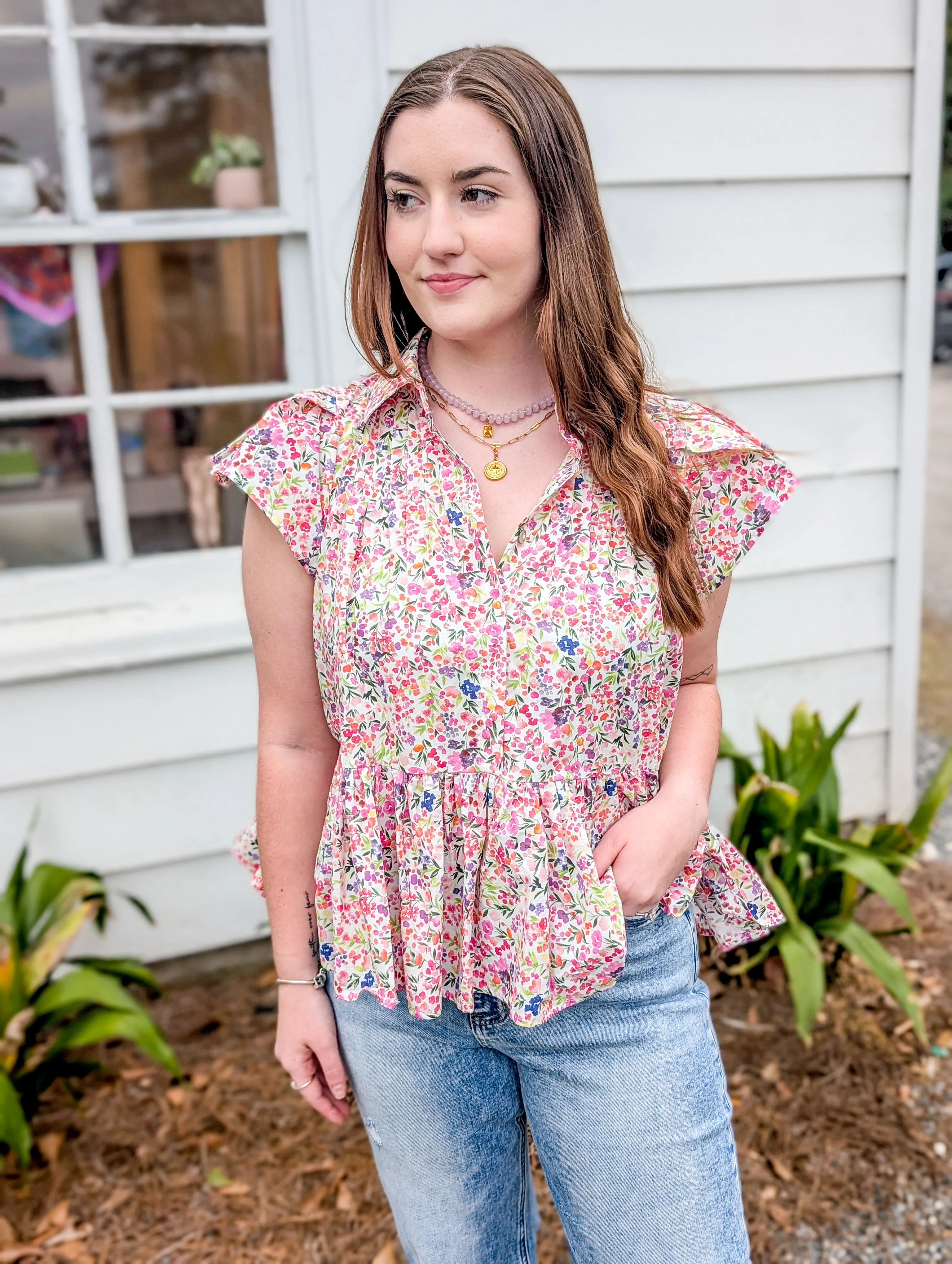 *Final Sale* Multicolor Dainty Floral Flutter Sleeve Mosaic Top