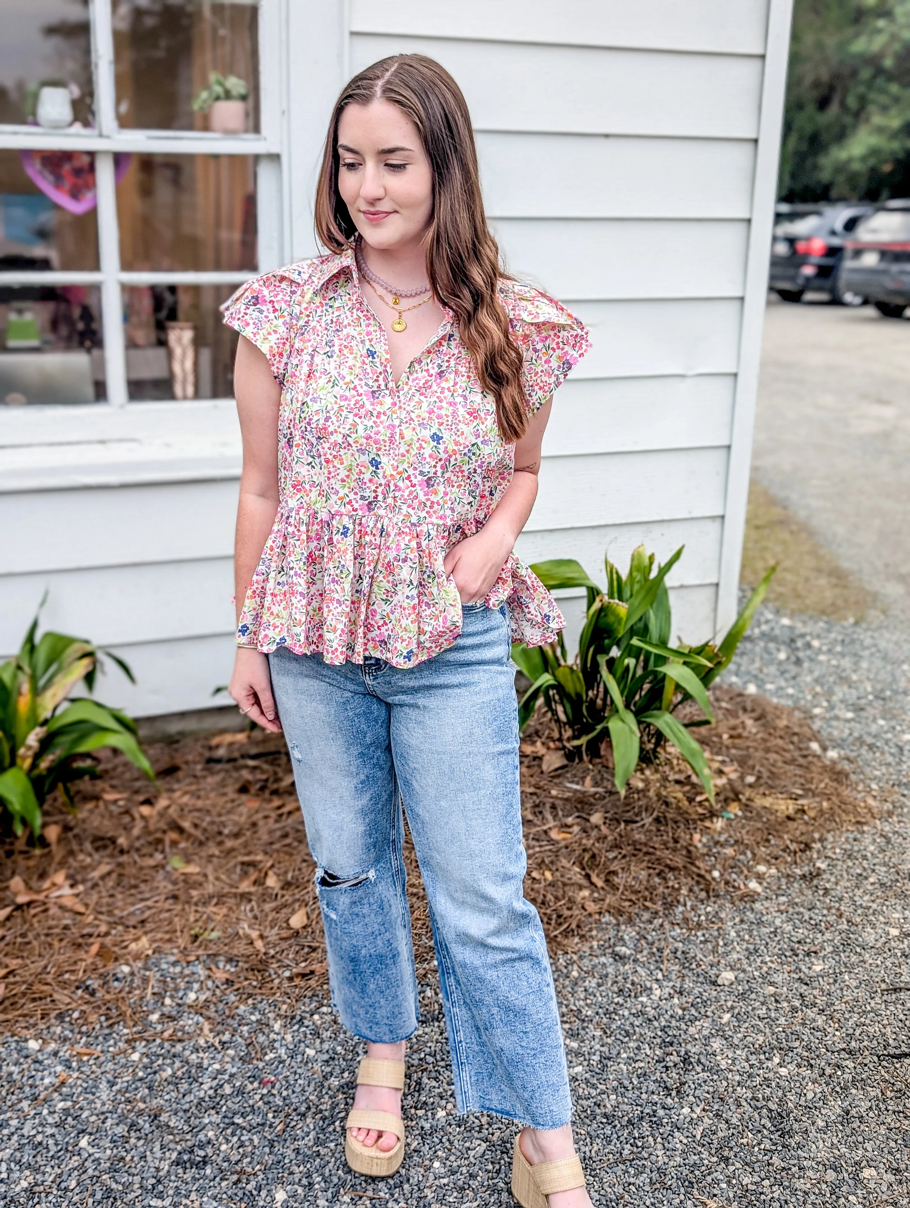 *Final Sale* Multicolor Dainty Floral Flutter Sleeve Mosaic Top