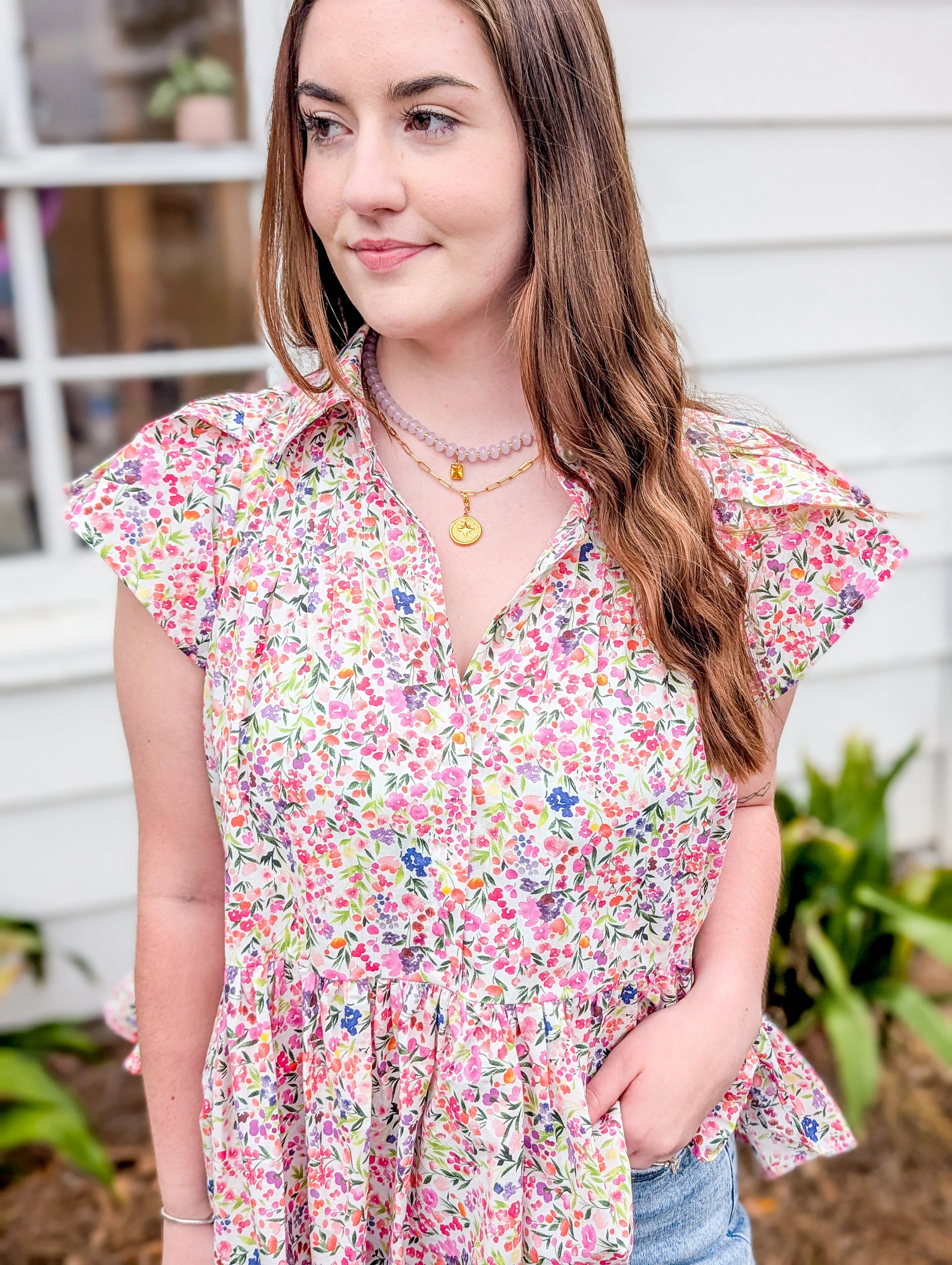 *Final Sale* Multicolor Dainty Floral Flutter Sleeve Mosaic Top