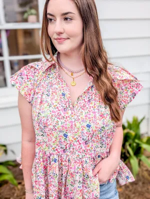 *Final Sale* Multicolor Dainty Floral Flutter Sleeve Mosaic Top