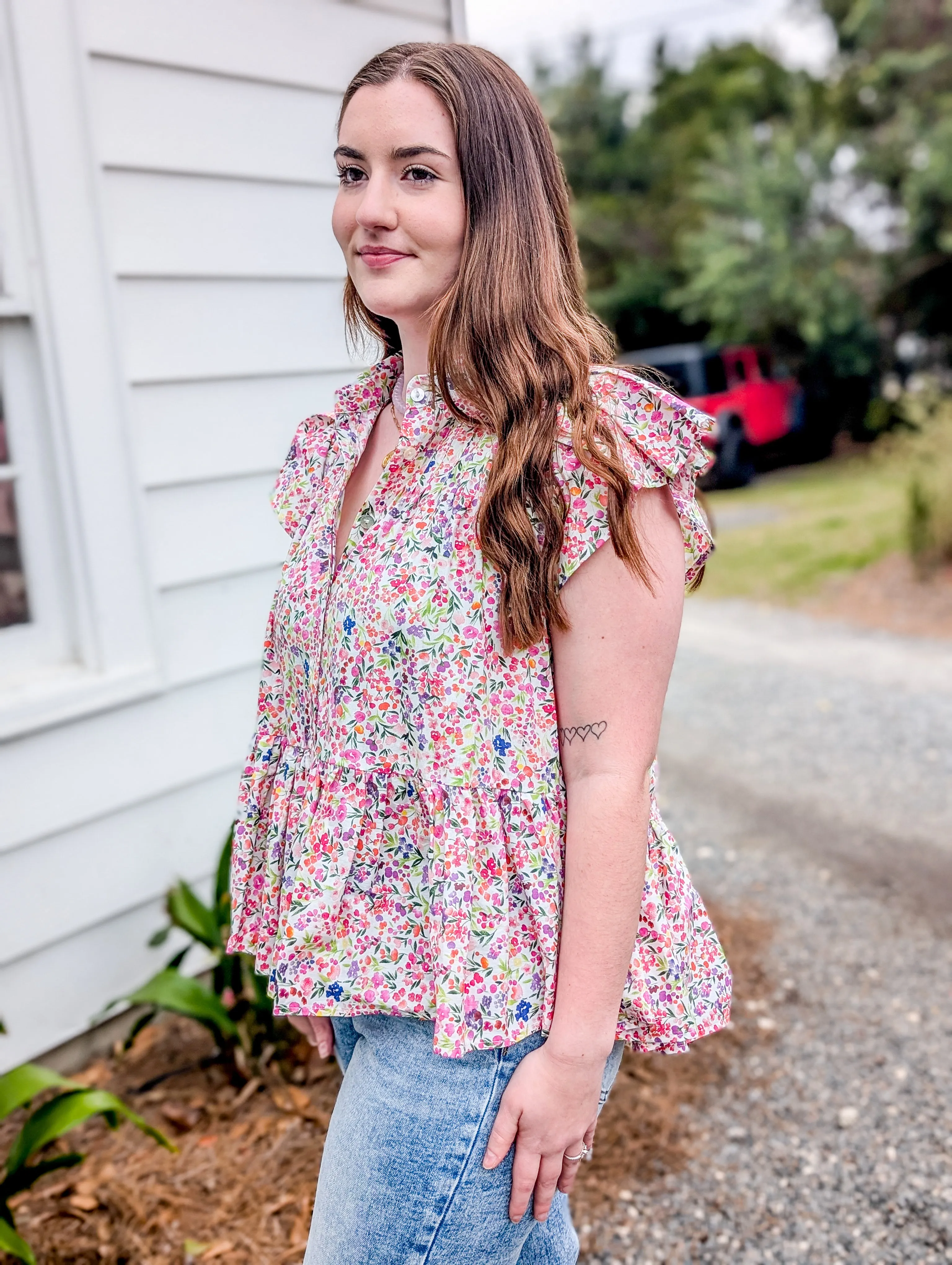 *Final Sale* Multicolor Dainty Floral Flutter Sleeve Mosaic Top