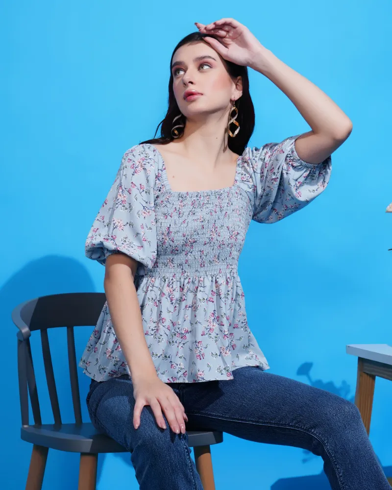 Floral glow smocked grey peplum top