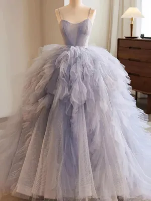 Fluffy  Blue High Low Tulle Long Prom Dresses with Train, High Low Blue Tulle Long Formal Evening Dresses