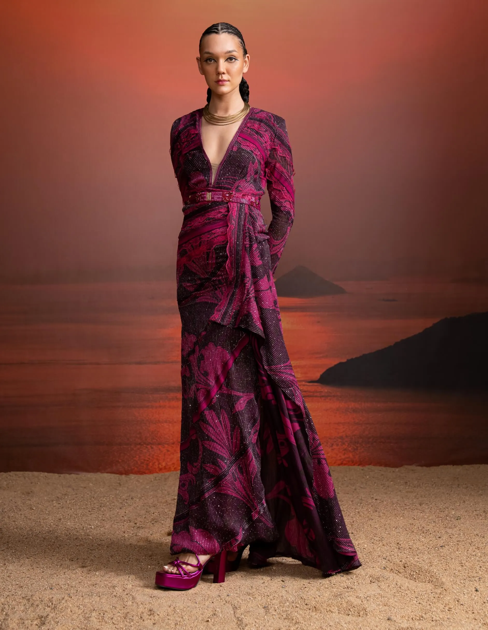 Fuchsia print chantilly draped dress