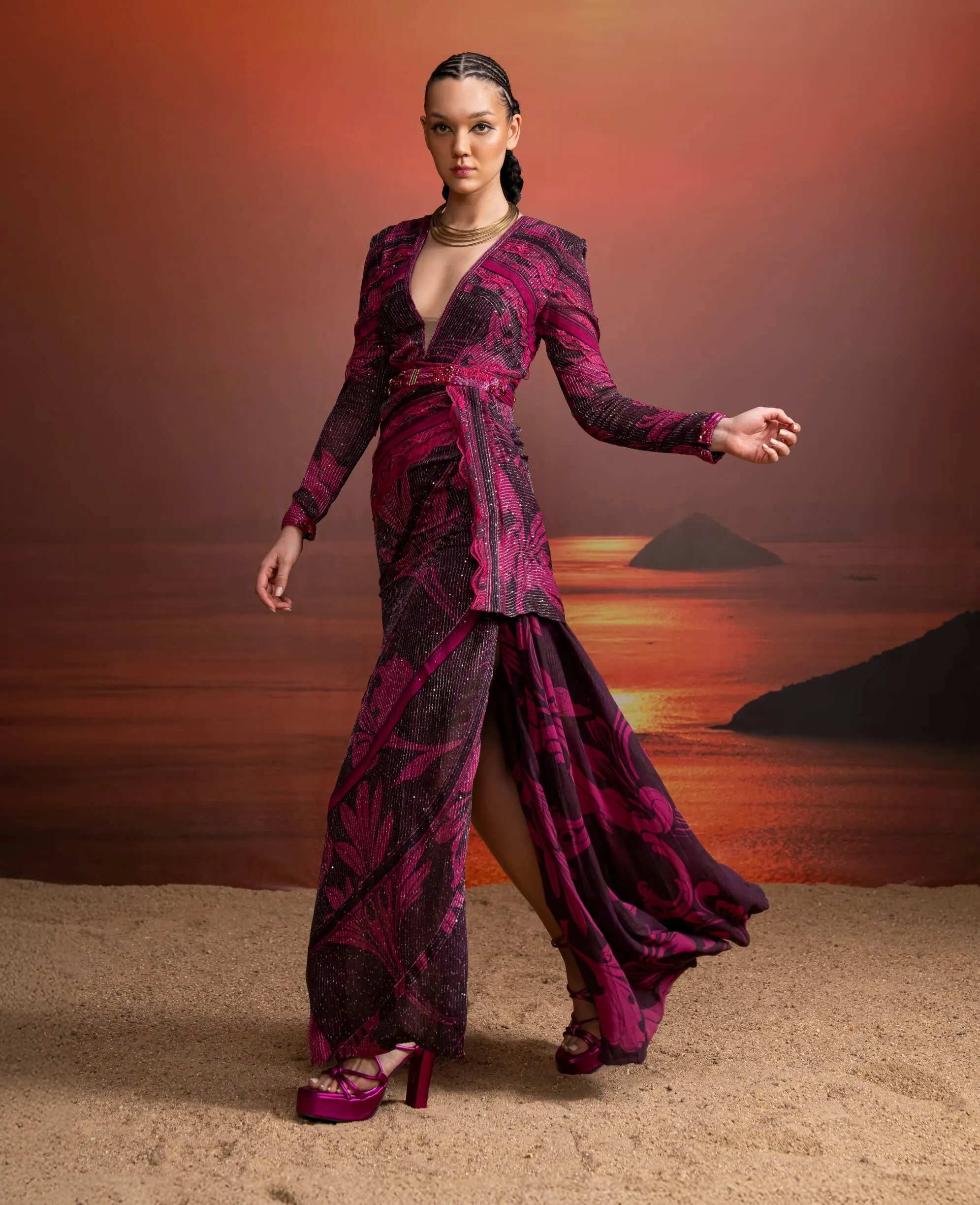 Fuchsia print chantilly draped dress