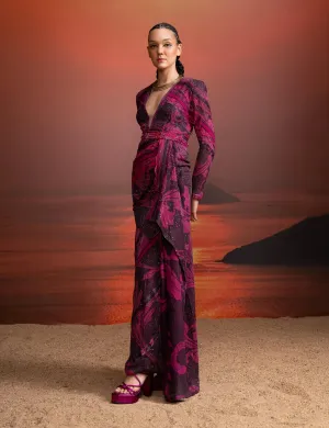 Fuchsia print chantilly draped dress