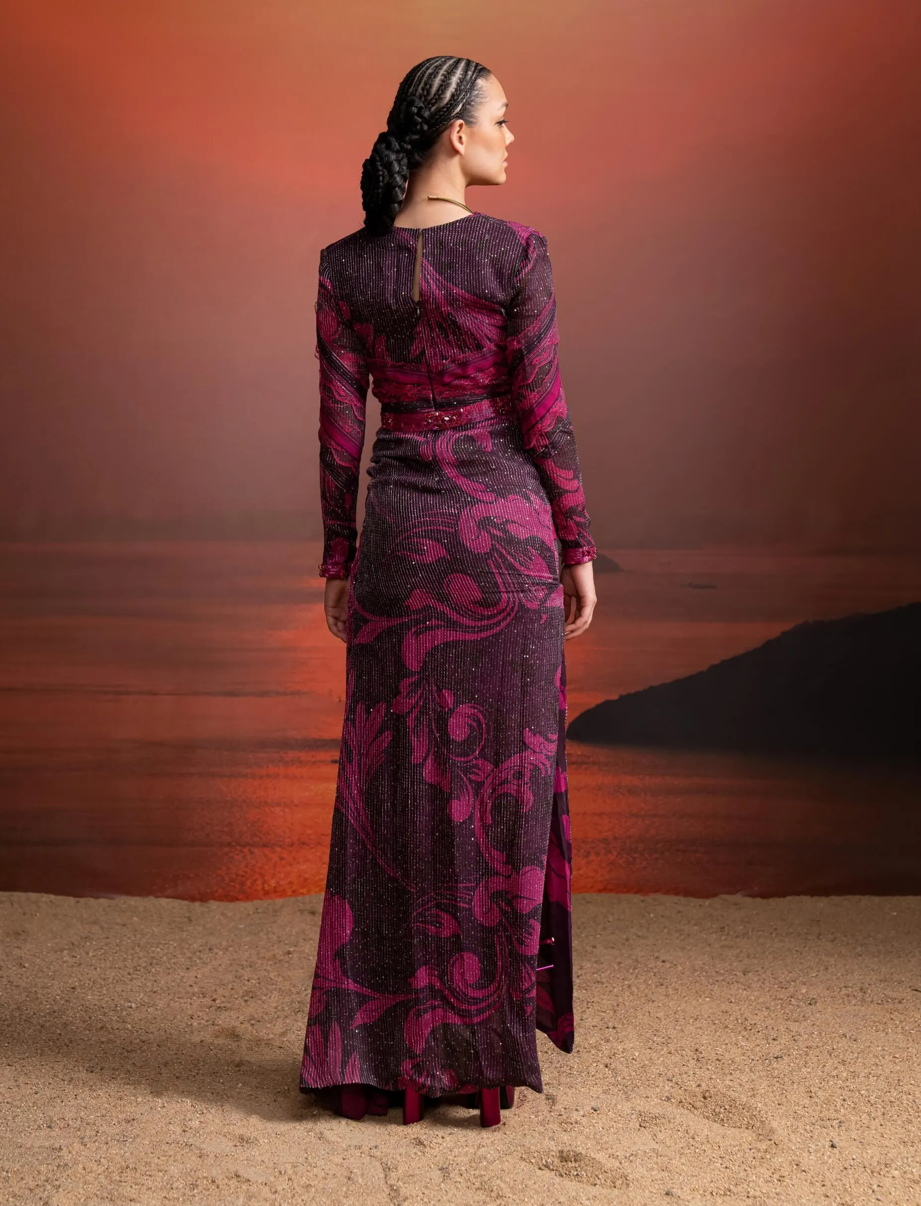 Fuchsia print chantilly draped dress