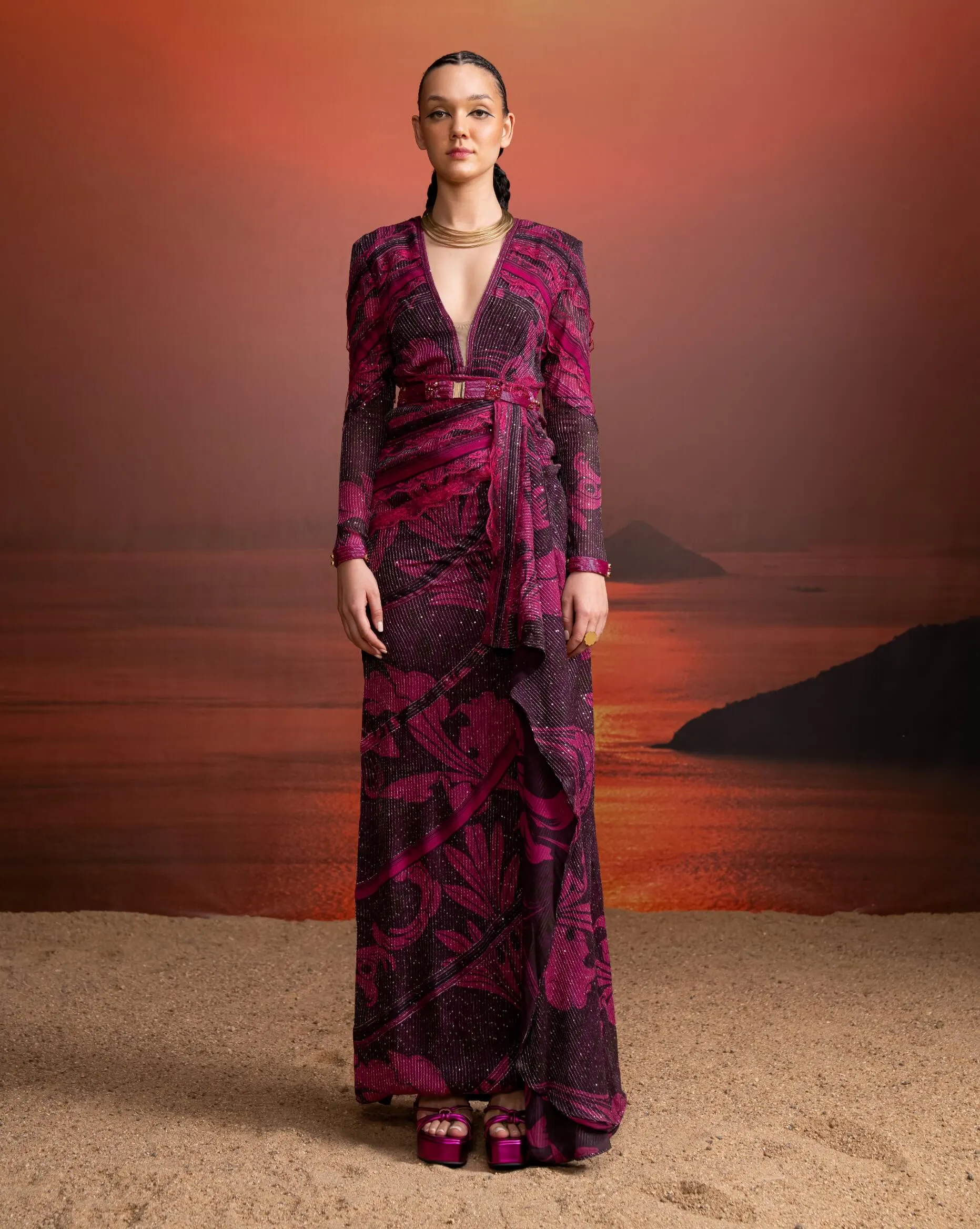Fuchsia print chantilly draped dress