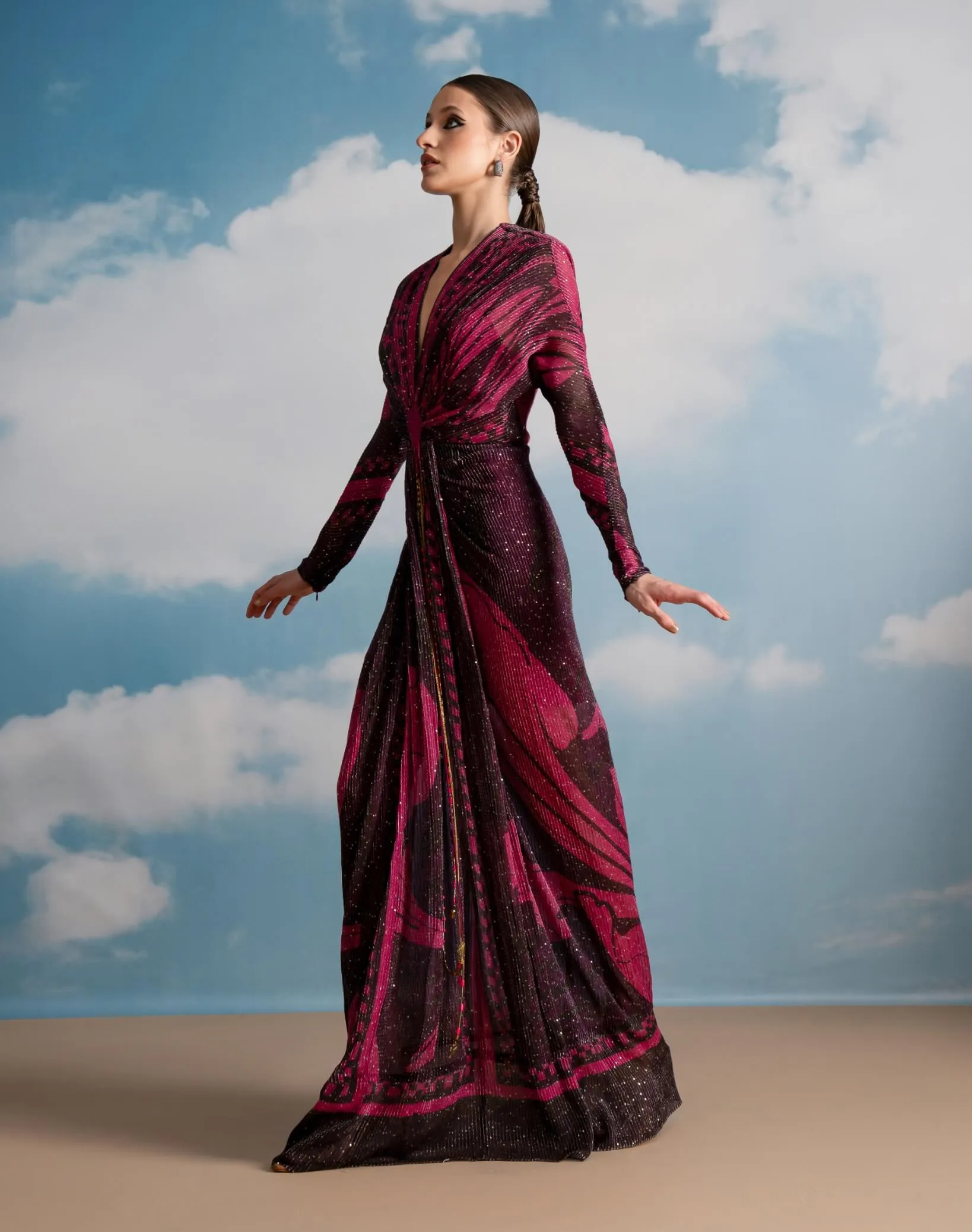 Fuchsia swirl printed draped dress