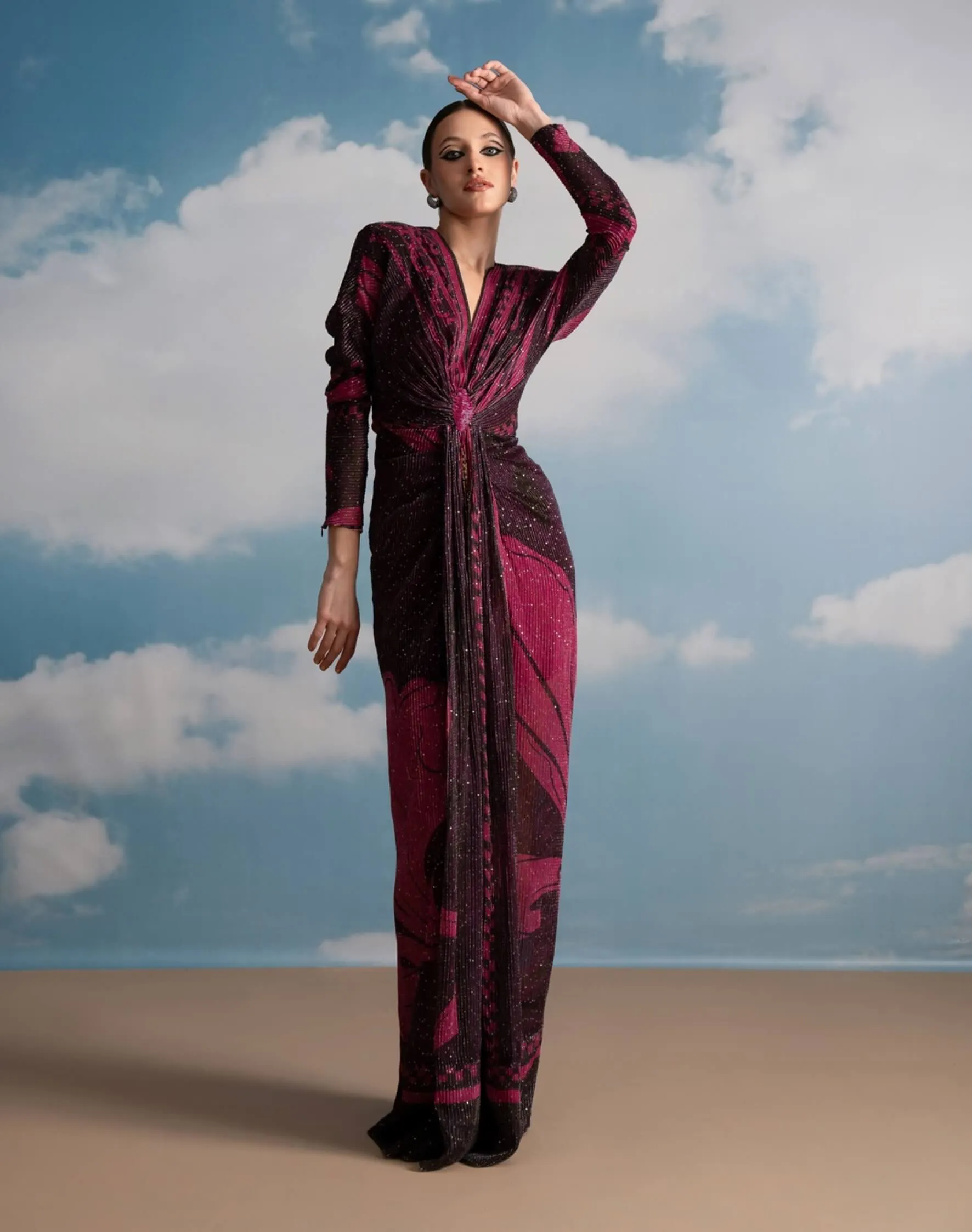 Fuchsia swirl printed draped dress