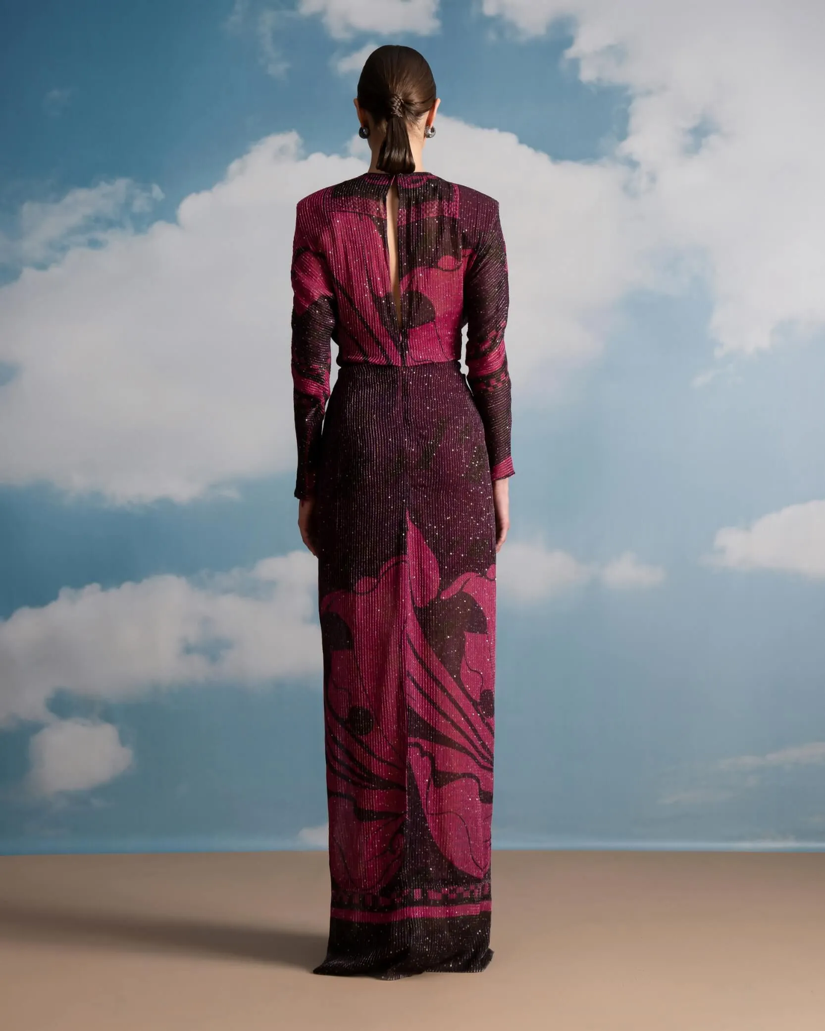 Fuchsia swirl printed draped dress