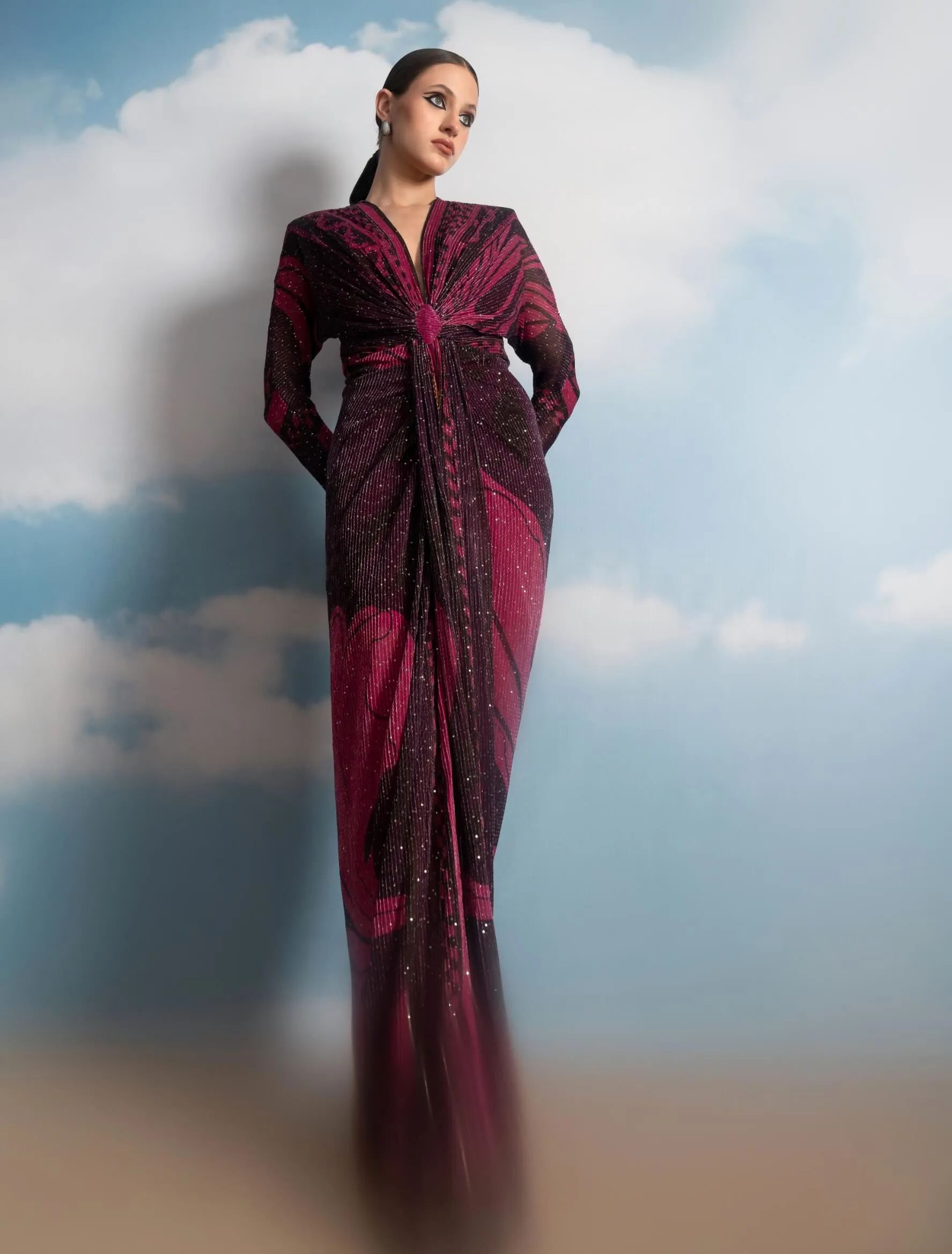 Fuchsia swirl printed draped dress