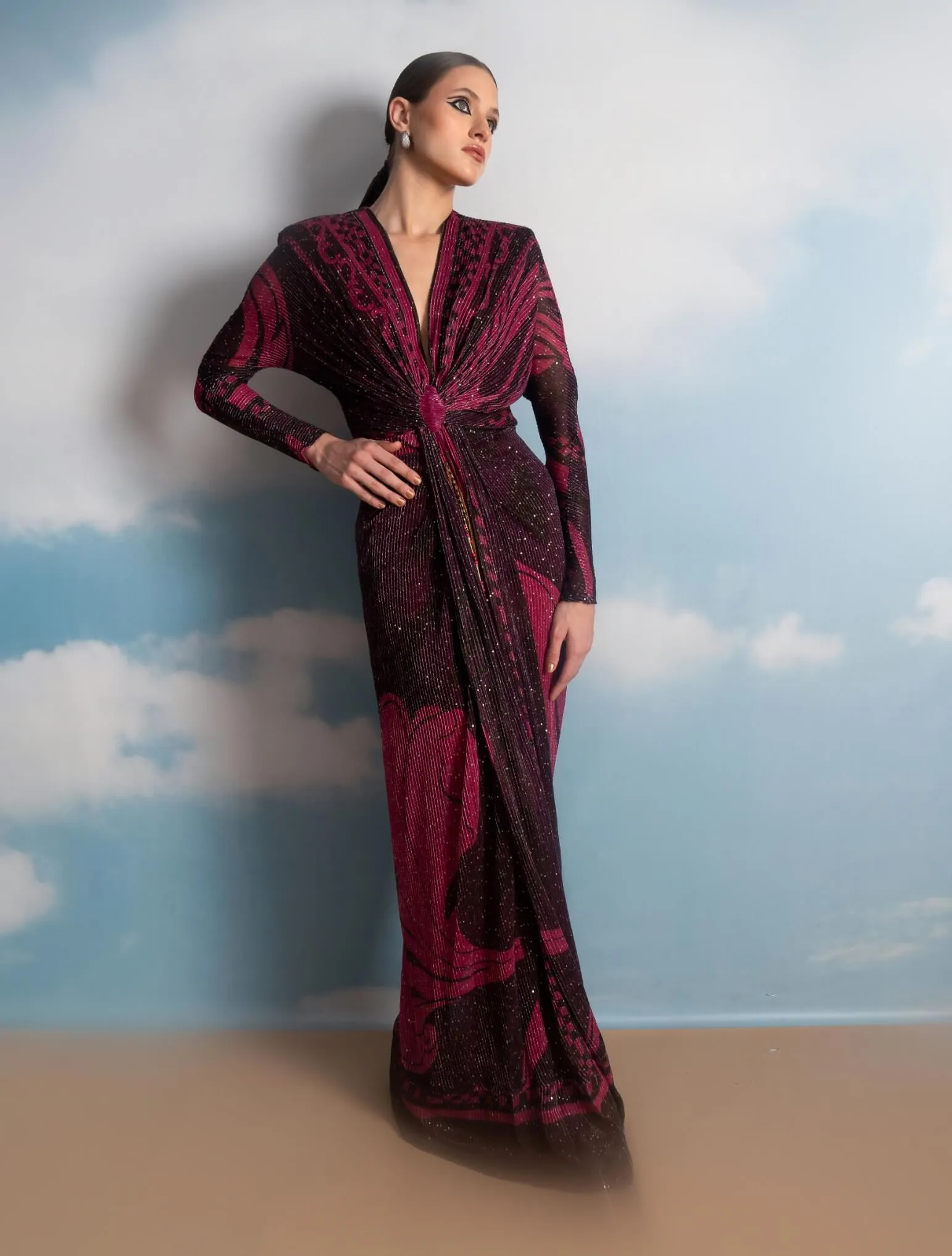 Fuchsia swirl printed draped dress