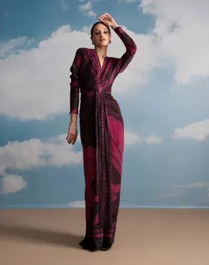 Fuchsia swirl printed draped dress