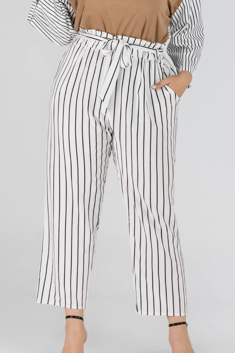 Full Size Striped Paperbag Waist Cropped Pants for Women