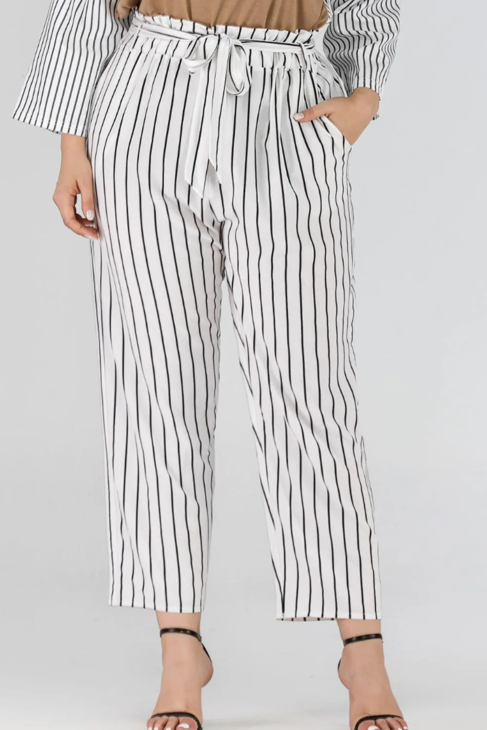 Full Size Striped Paperbag Waist Cropped Pants for Women