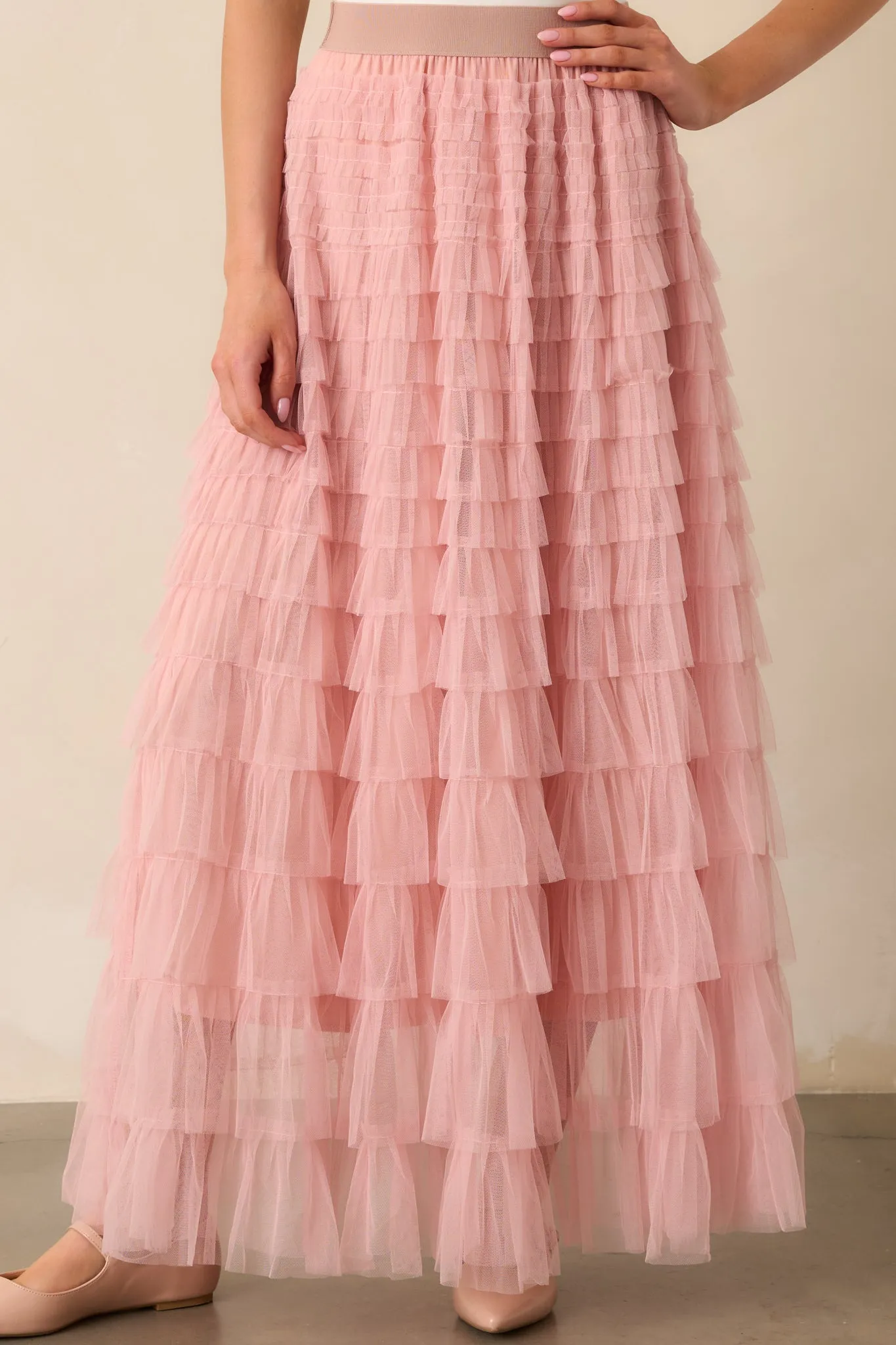 Garden Gathering Dusty Pink Tiered Ruffle Tulle Maxi Skirt
