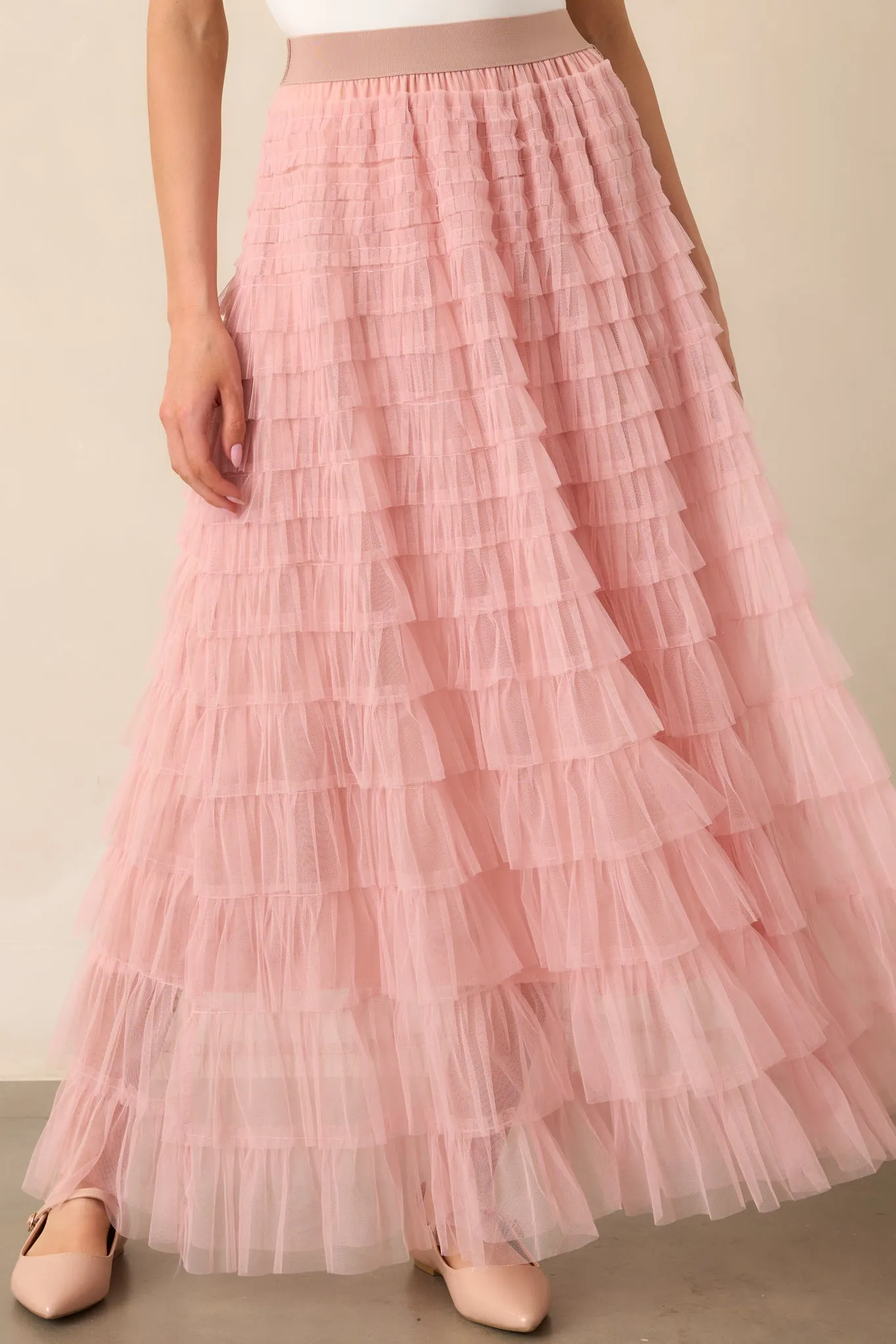 Garden Gathering Dusty Pink Tiered Ruffle Tulle Maxi Skirt