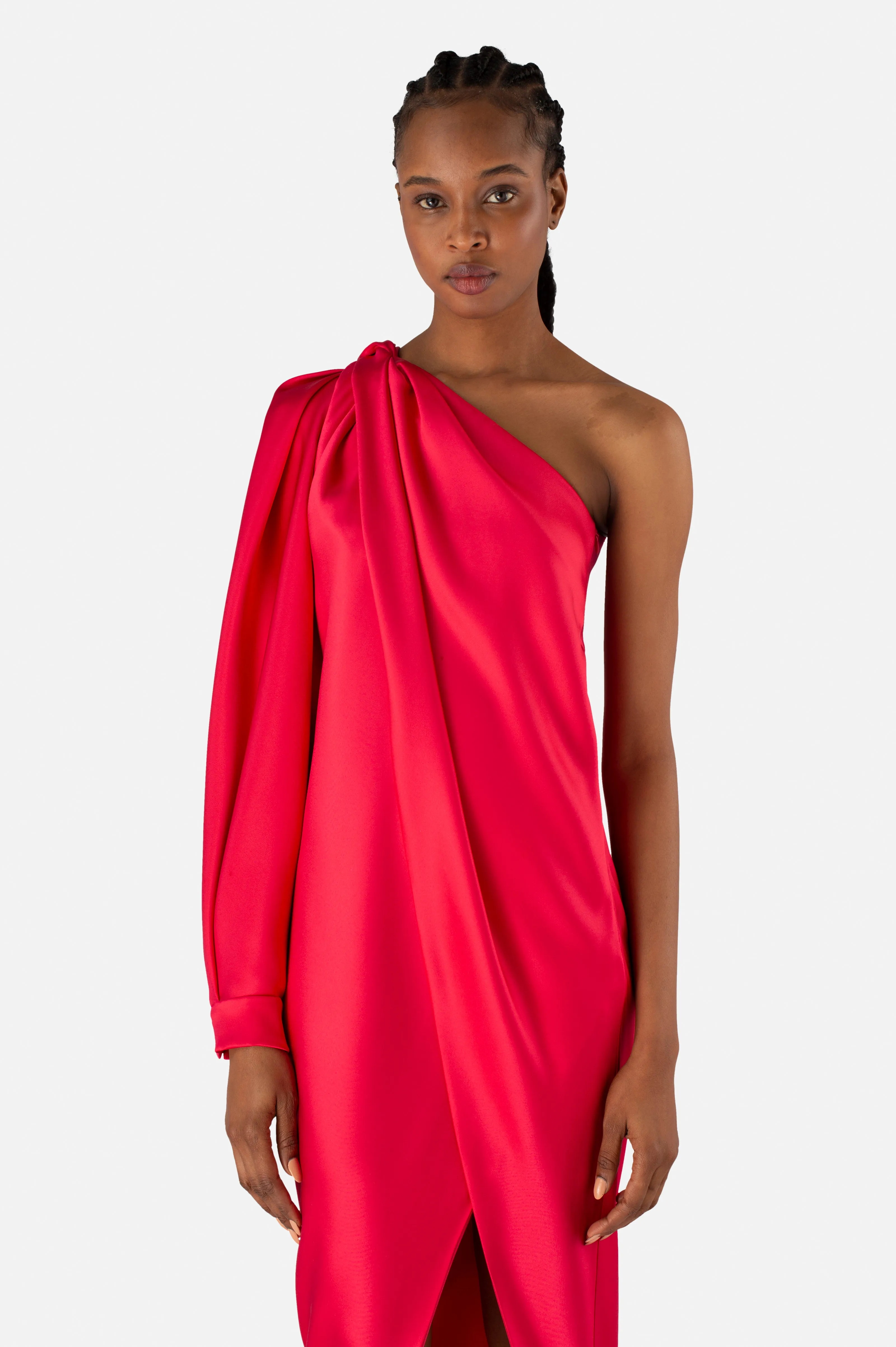Geranium Silk Draped One Shoulder Dress