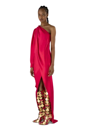 Geranium Silk Draped One Shoulder Dress
