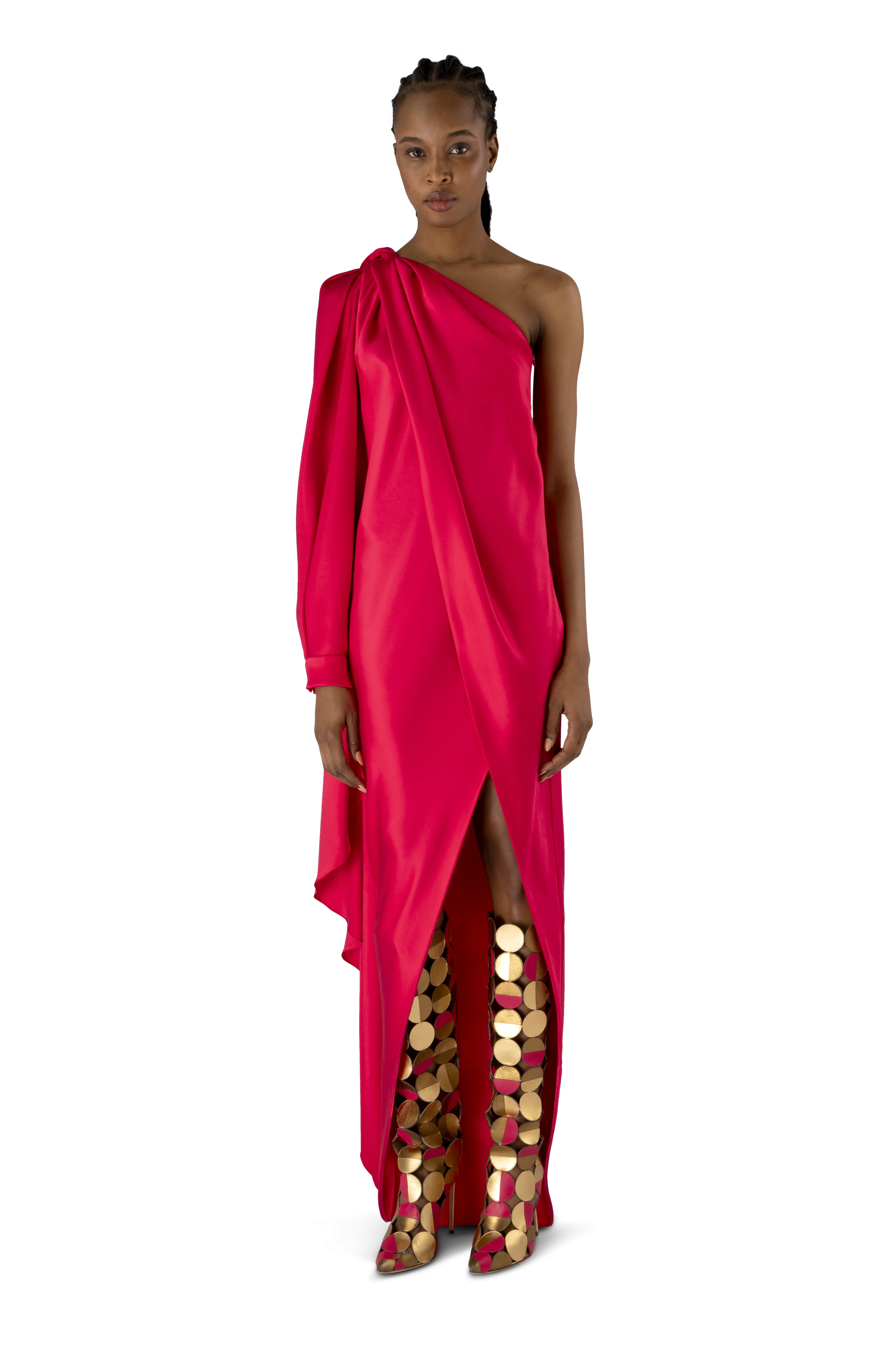 Geranium Silk Draped One Shoulder Dress