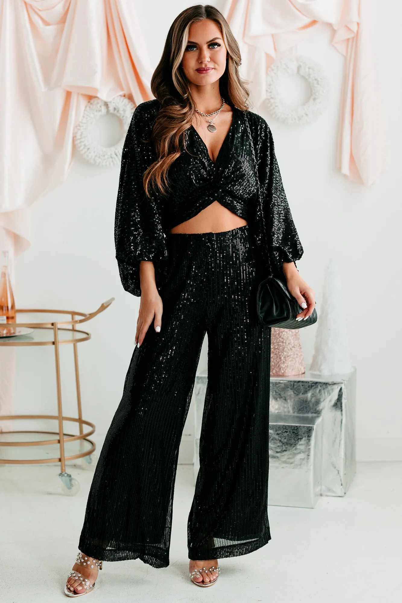 Glitter Goals Sequin Wide Leg Pant (Black)