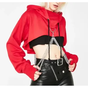 Gothic Punk Cropped Hoodie with Chain | Anime Techwear