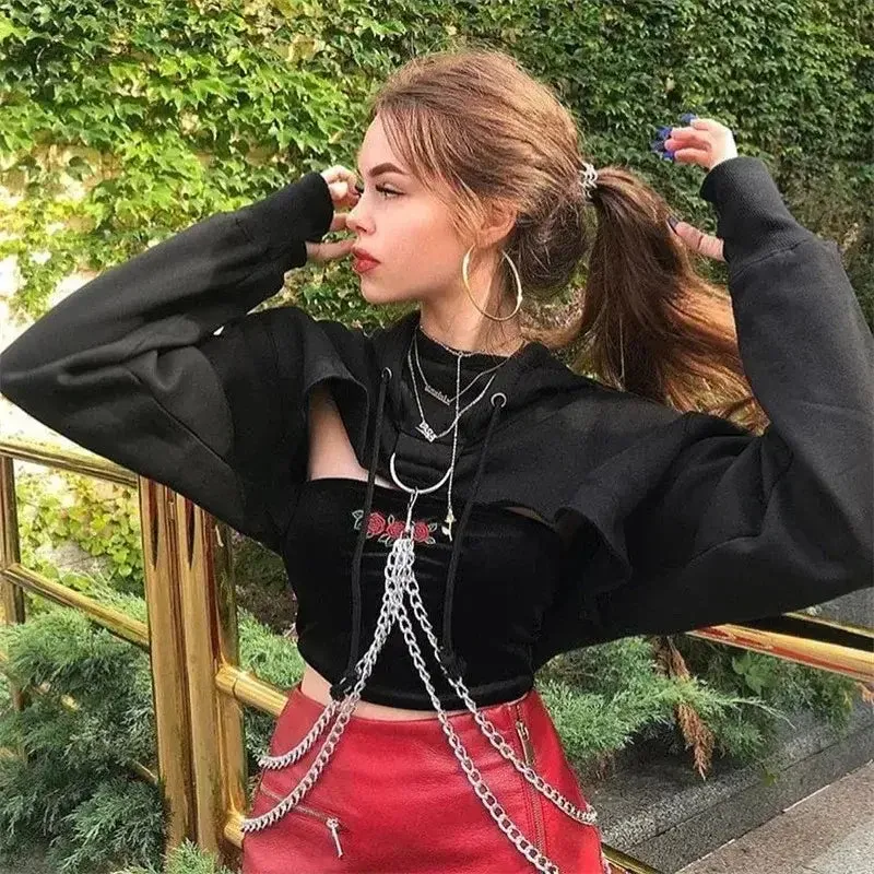 Gothic Punk Cropped Hoodie with Chain | Anime Techwear