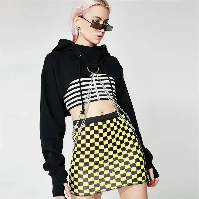 Gothic Punk Cropped Hoodie with Chain | Anime Techwear