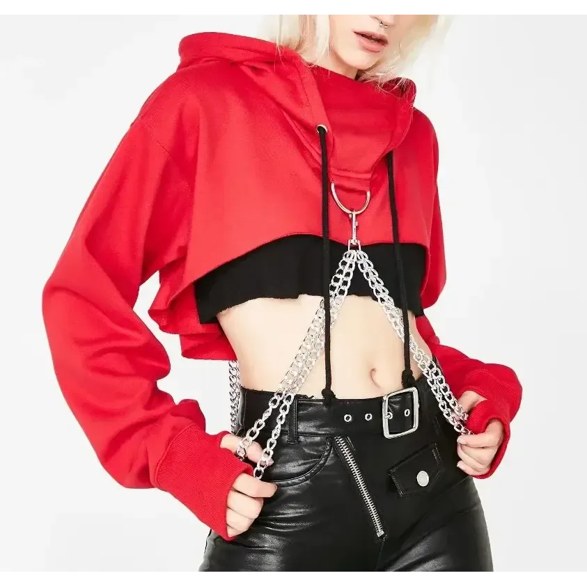 Gothic Punk Cropped Hoodie with Chain | Anime Techwear