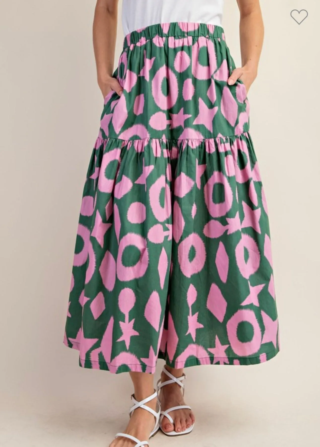 Green & Pink Tiered Midi Skirt