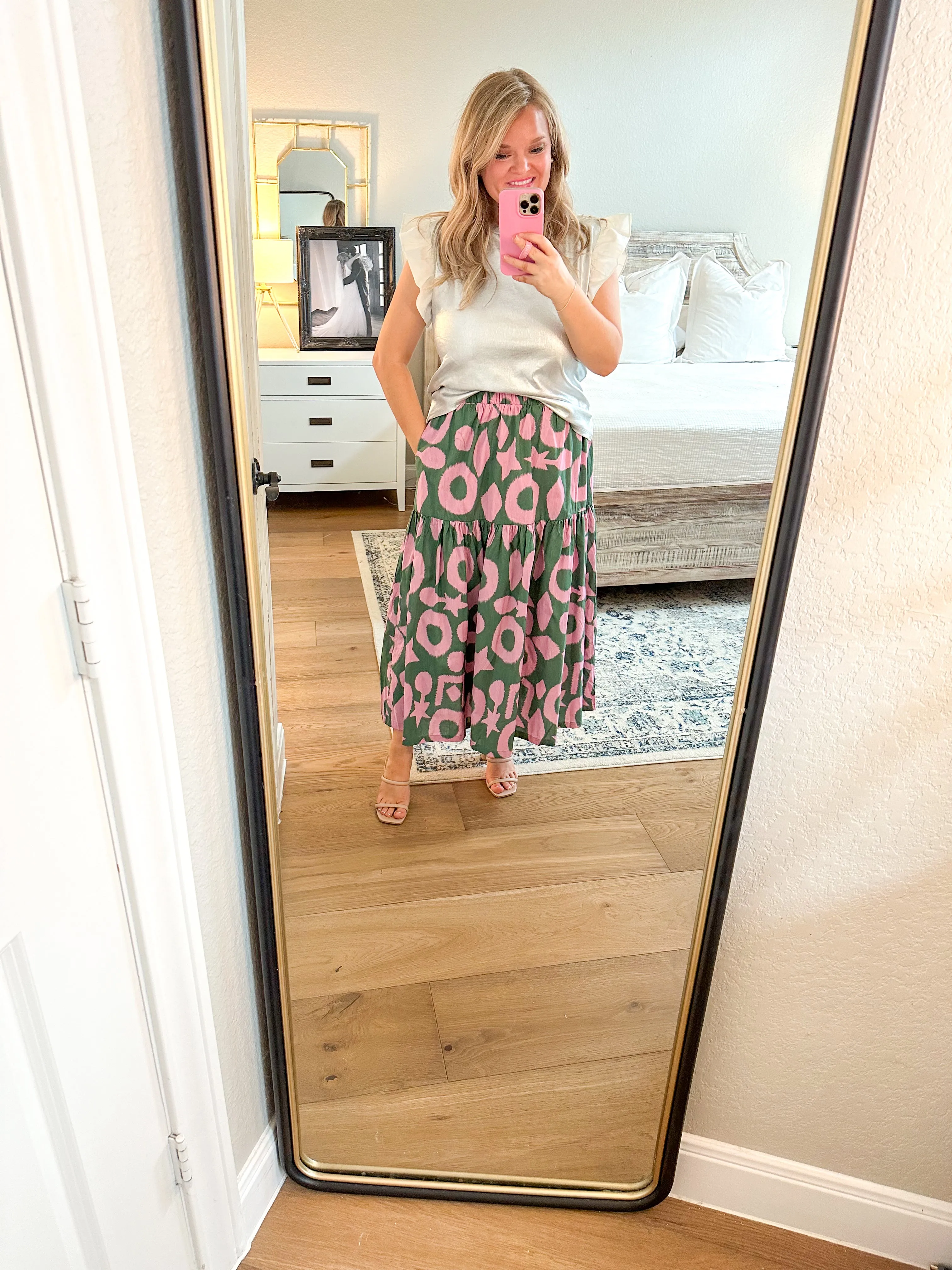 Green & Pink Tiered Midi Skirt