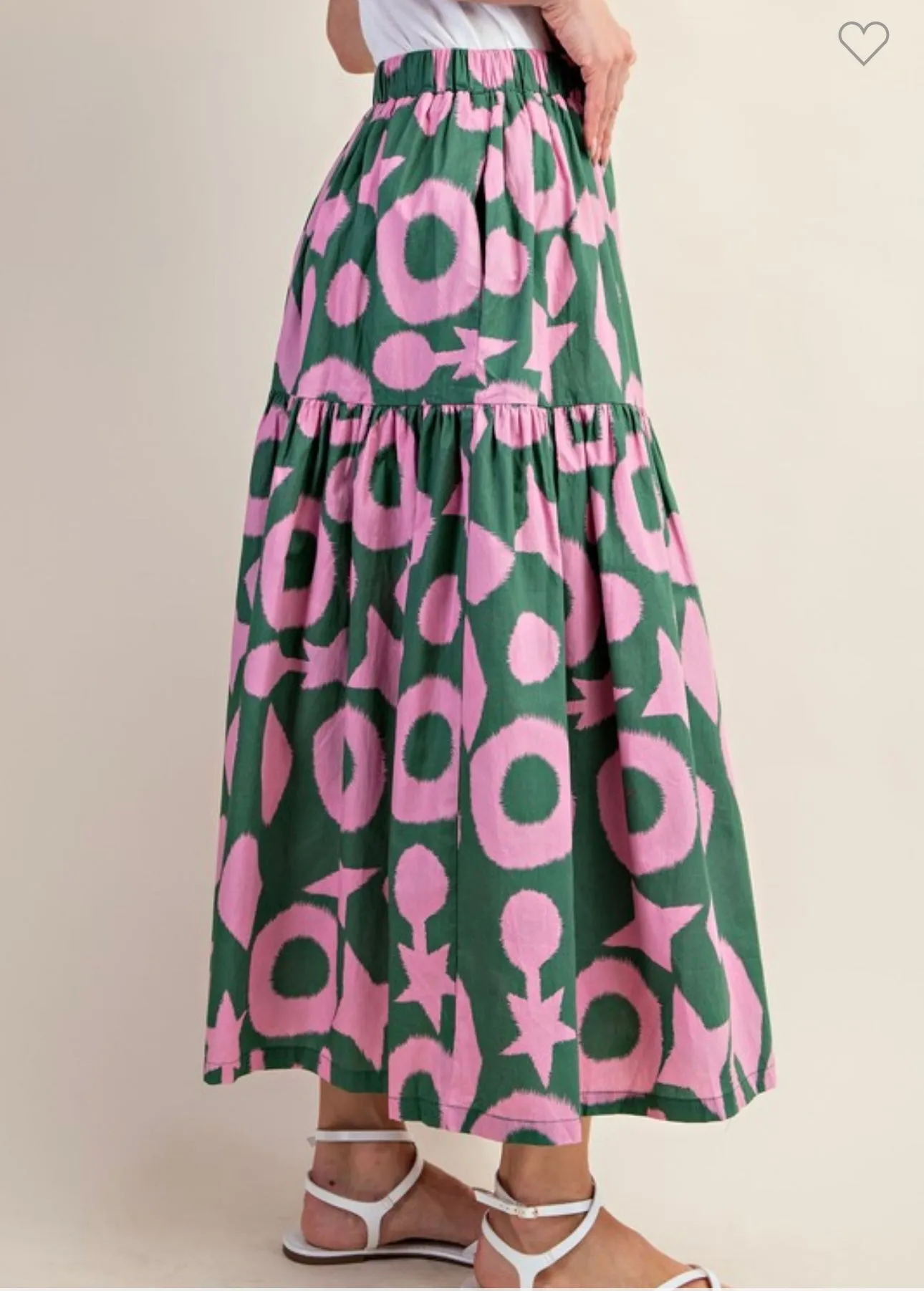 Green & Pink Tiered Midi Skirt