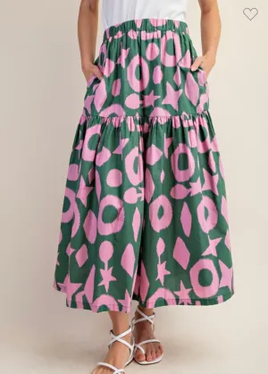 Green & Pink Tiered Midi Skirt