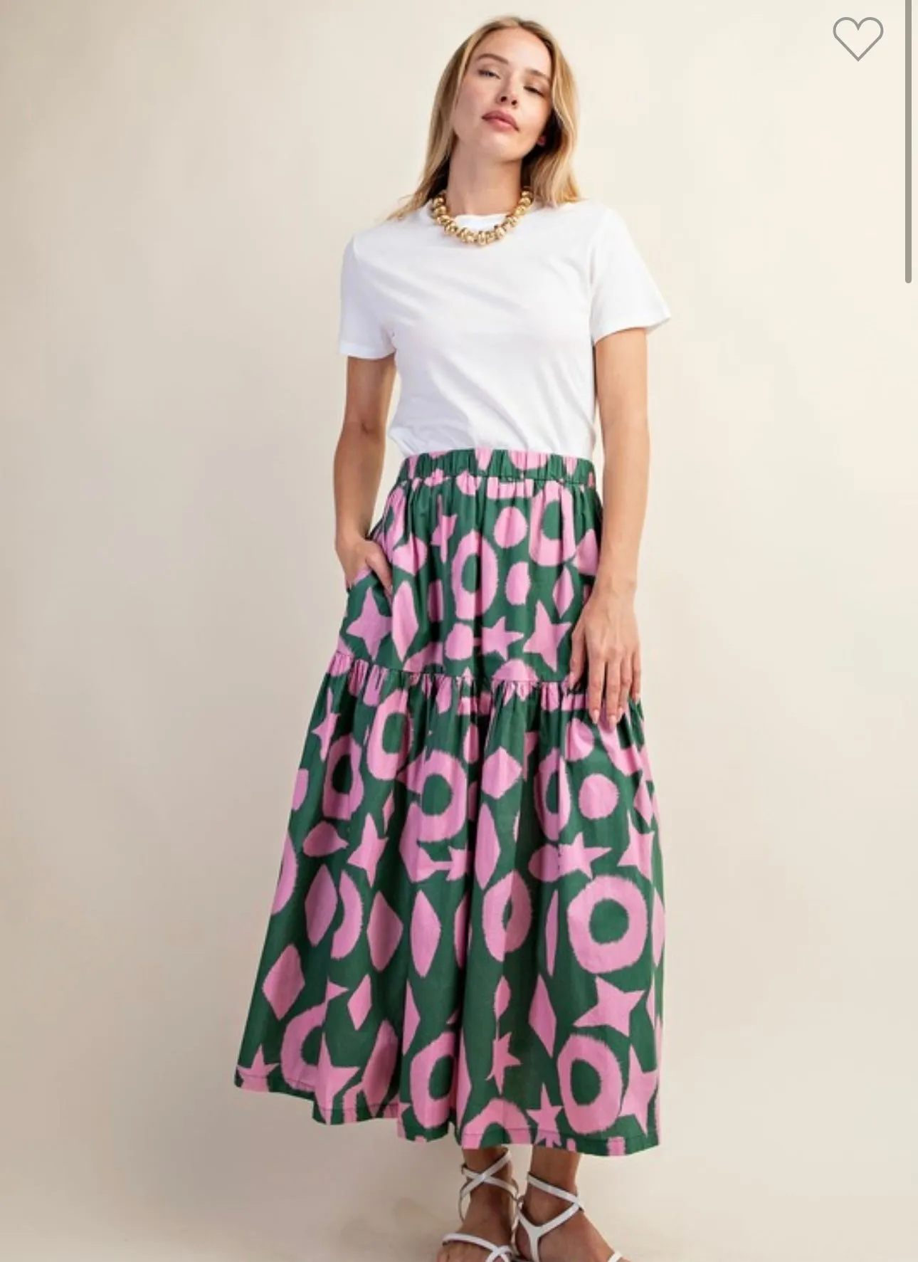 Green & Pink Tiered Midi Skirt