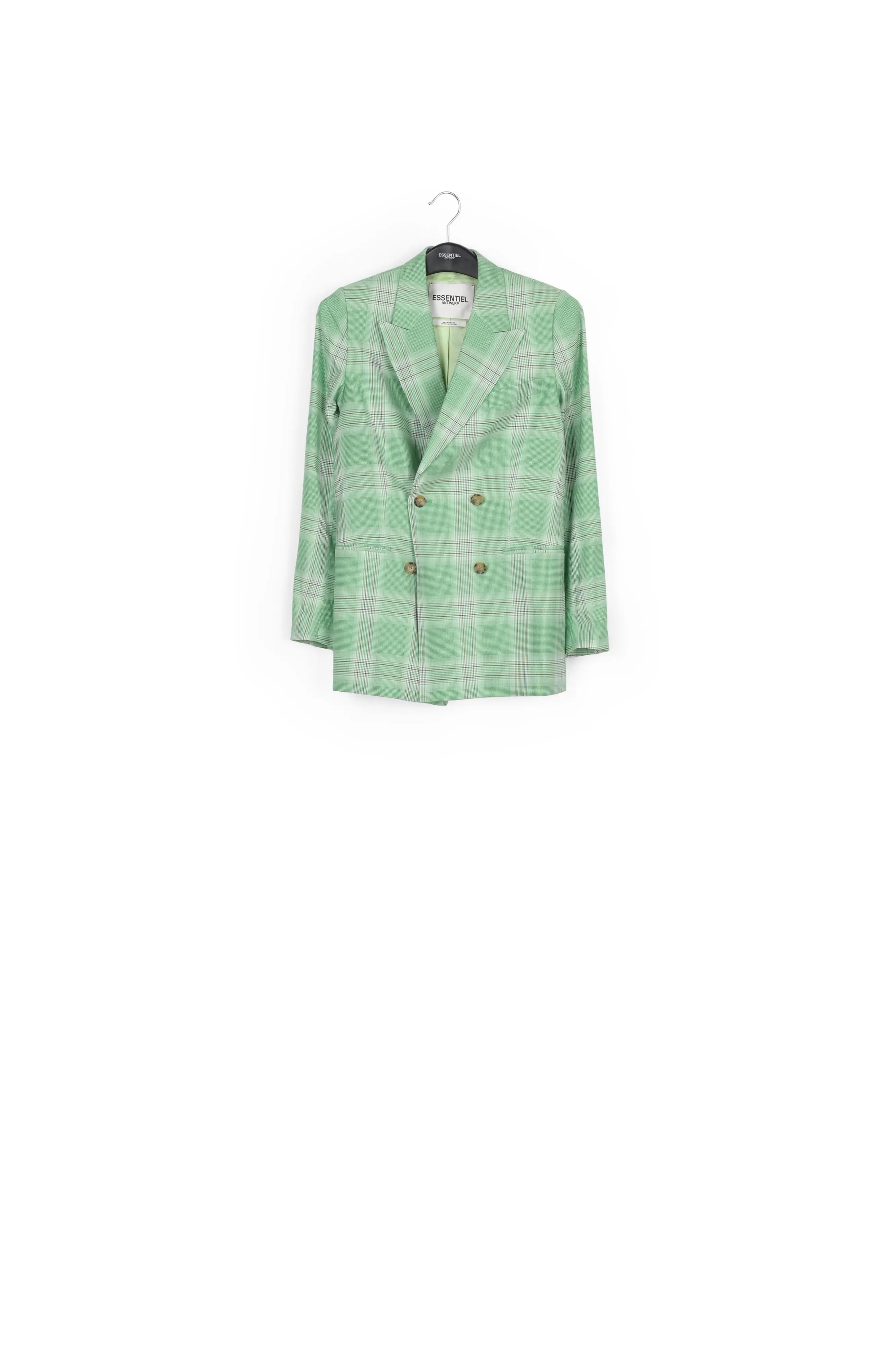 Green plaid double-breasted blazer